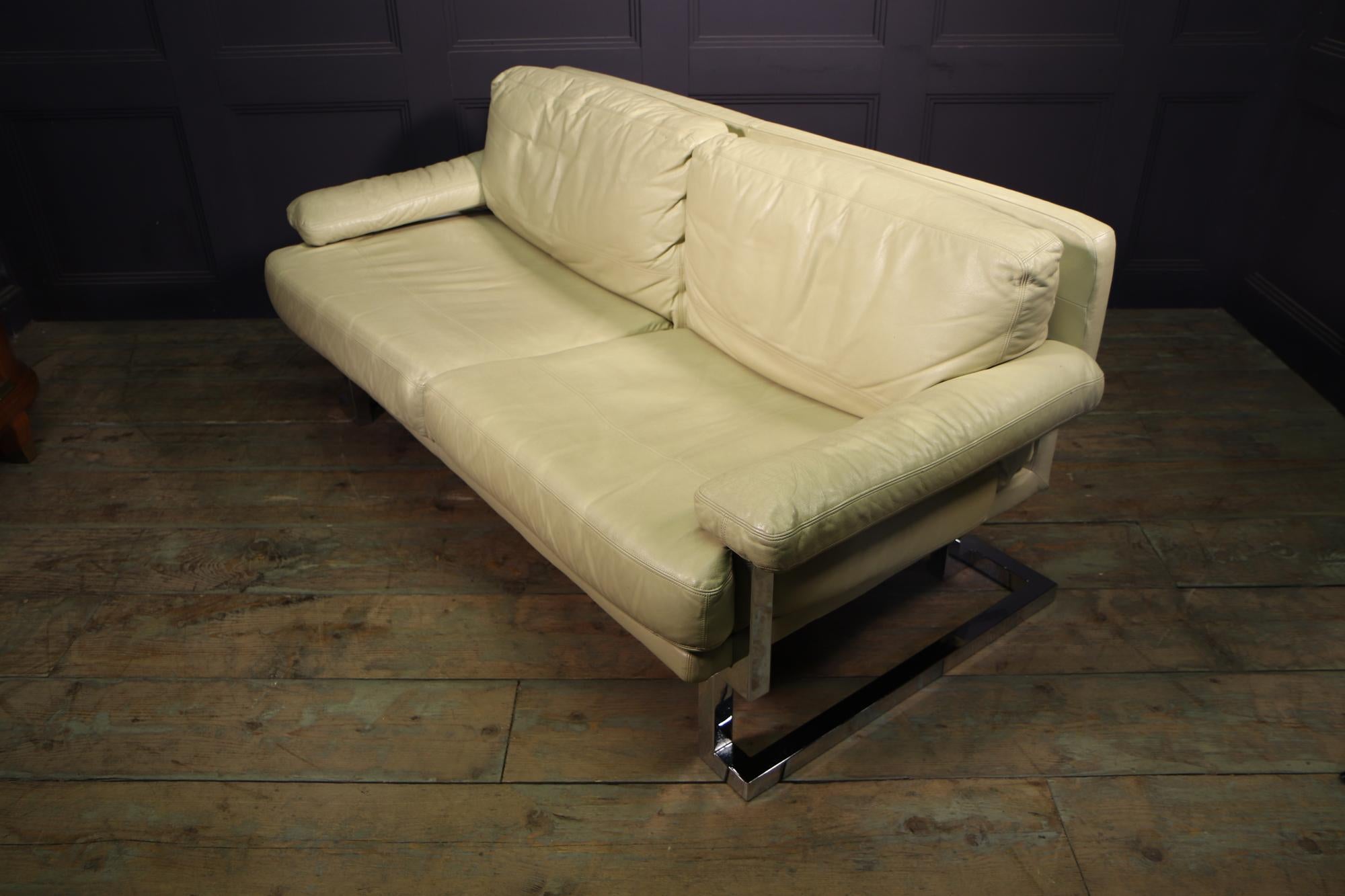 British Pieff Mandarin Two Seat Sofa in Cream Leather and Chrome