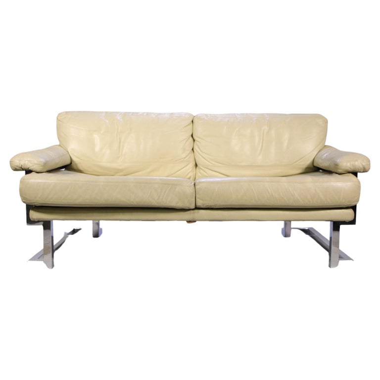 Pieff Mandarin Two Seat Sofa in Cream Leather and Chrome at 1stDibs