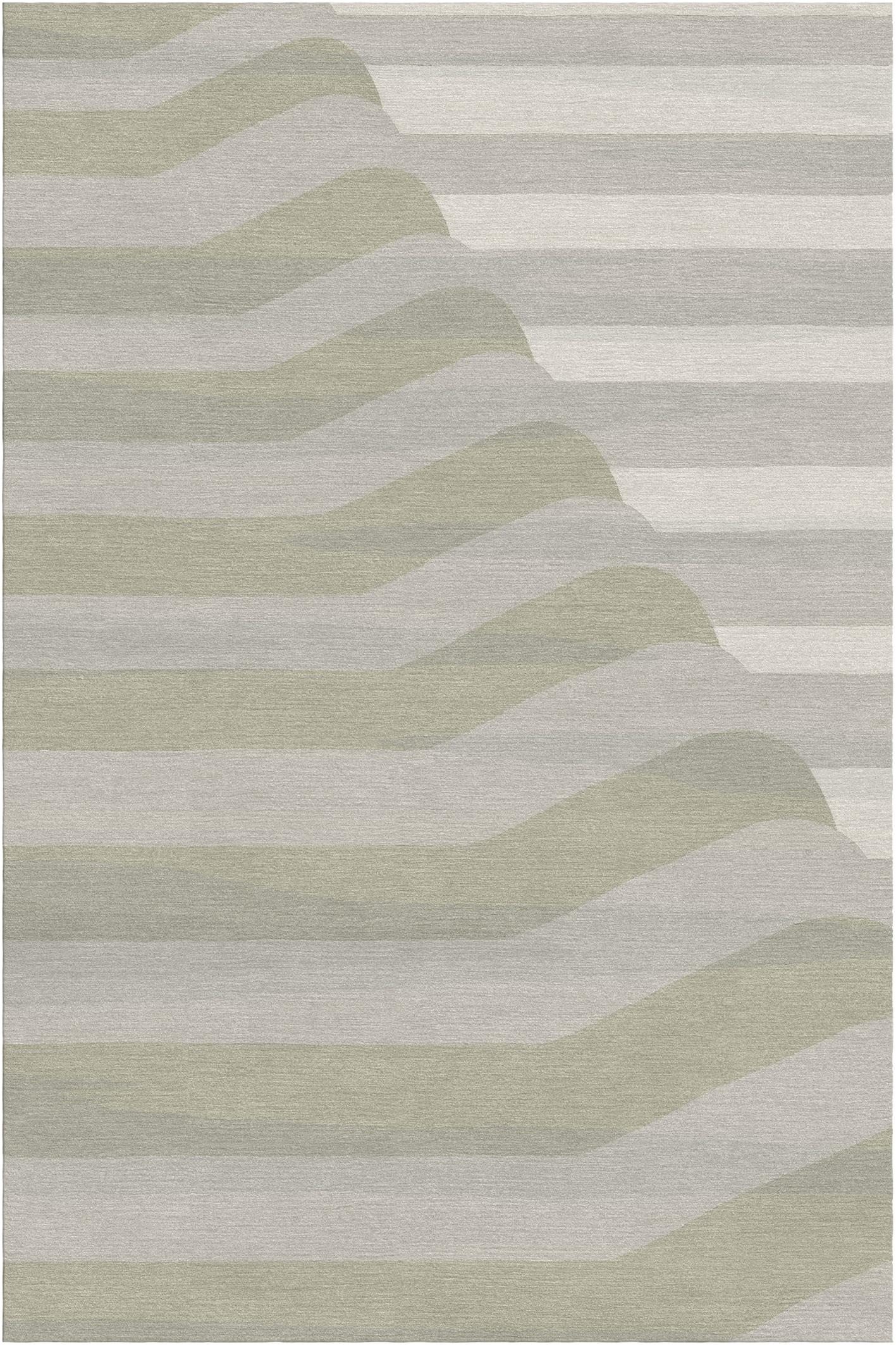 Piegue rug I by Giulio Brambilla.
Dimensions: D 300 x W 200 x H 1.5 cm.
Materials: NZ wool, bamboo silk.
Available in other colors.

Boasting an abstract design distinguished by a two-dimensional series of creases (“piega” in Italian), this rug