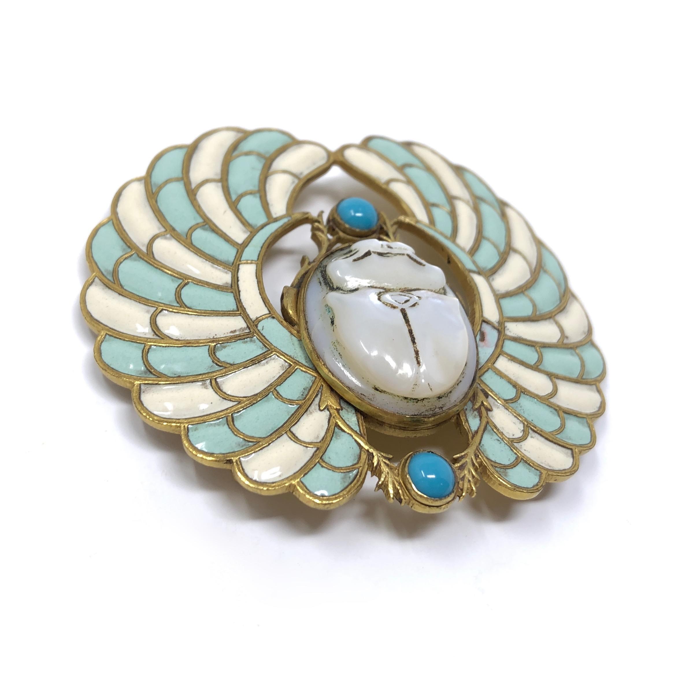 Piel Frères c.1900 Gilt Metal, Enamel and Glass Scarab Design Antique Buckle In Good Condition For Sale In Skelmersdale, GB