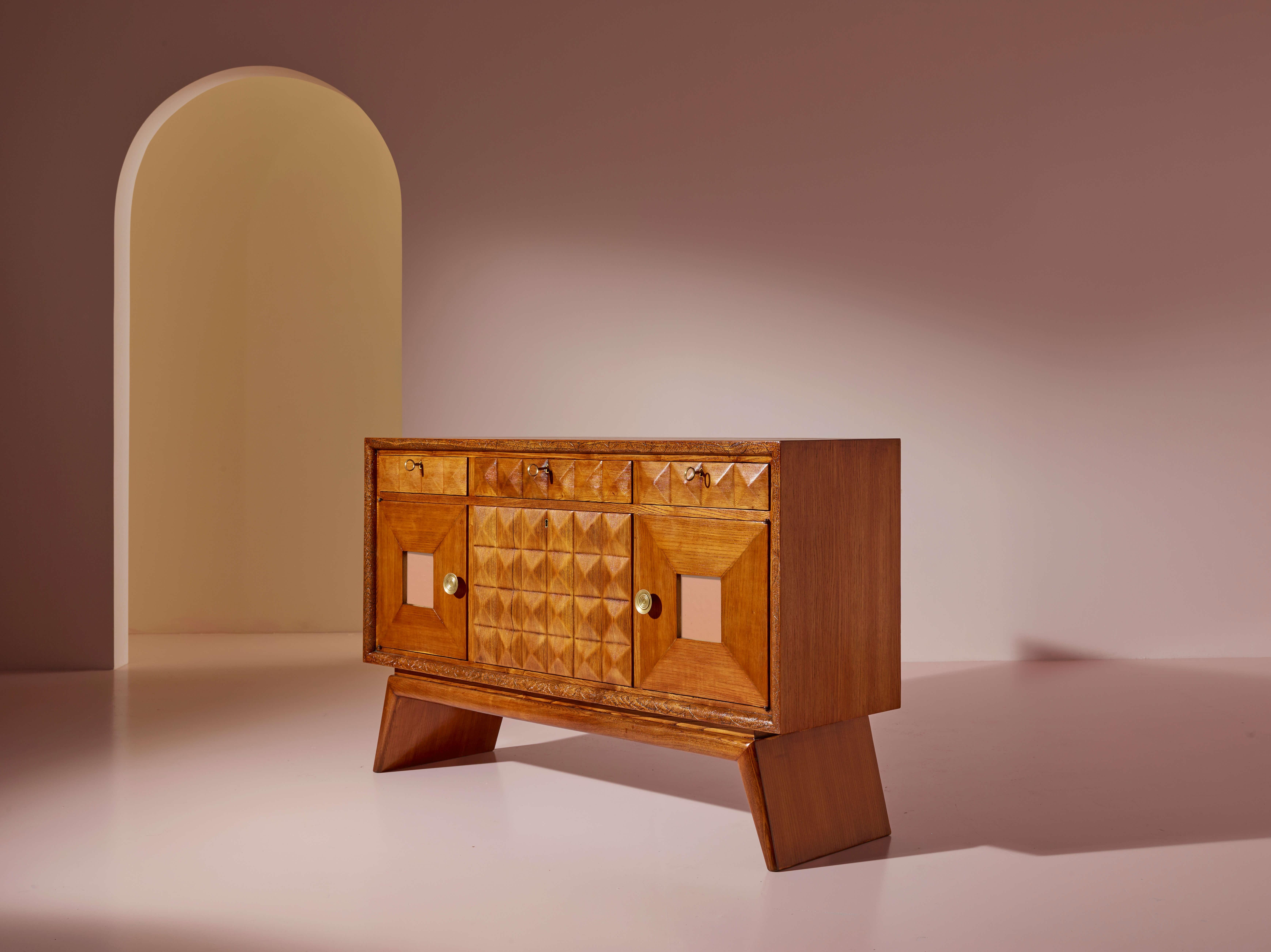 Pieluigi Colli carved oak sideboard with mirrored inserts, Italy, 1940s For Sale 4