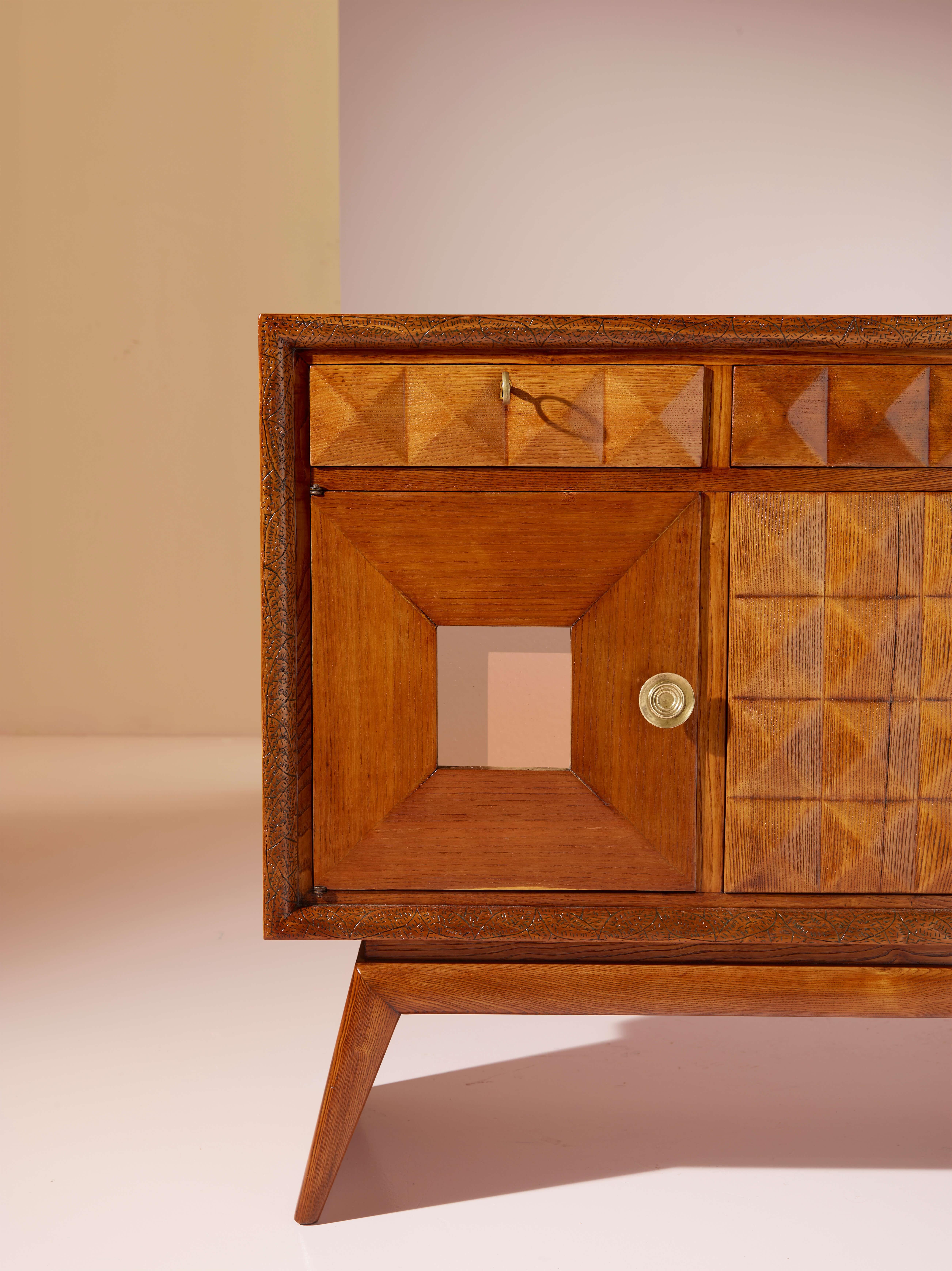 Pieluigi Colli carved oak sideboard with mirrored inserts, Italy, 1940s For Sale 1