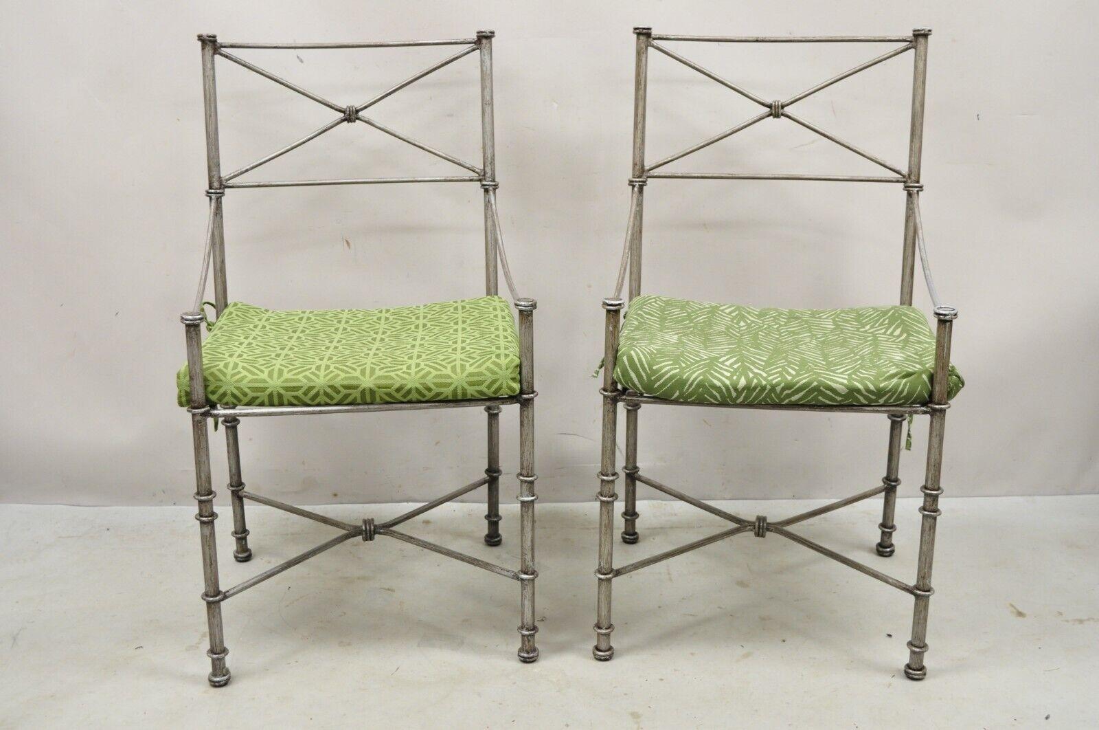 Pier 1 Medici Pewter wrought iron dining side chairs - a pair. Item features metal frames, distressed finish, very nice pair, great style and form, quality craftsmanship. Circa Late 20th Century. Measurements: 38