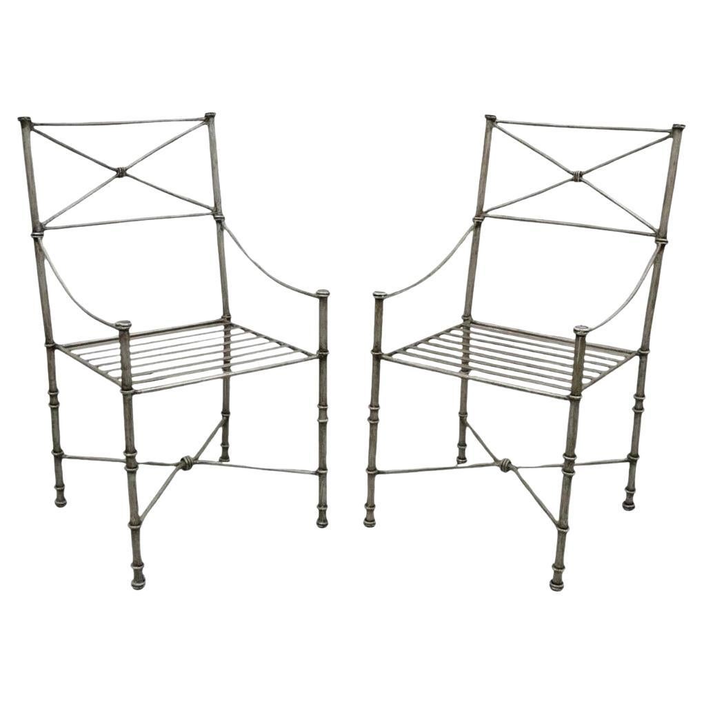 Pier 1 Medici Pewter Wrought Iron Neoclassical Style Dining Side Chairs - a Pair For Sale