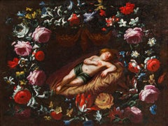 Pier Francesco Cittadini, attributed to, Wreath of Flowers with the Sleeping Infant Jesus