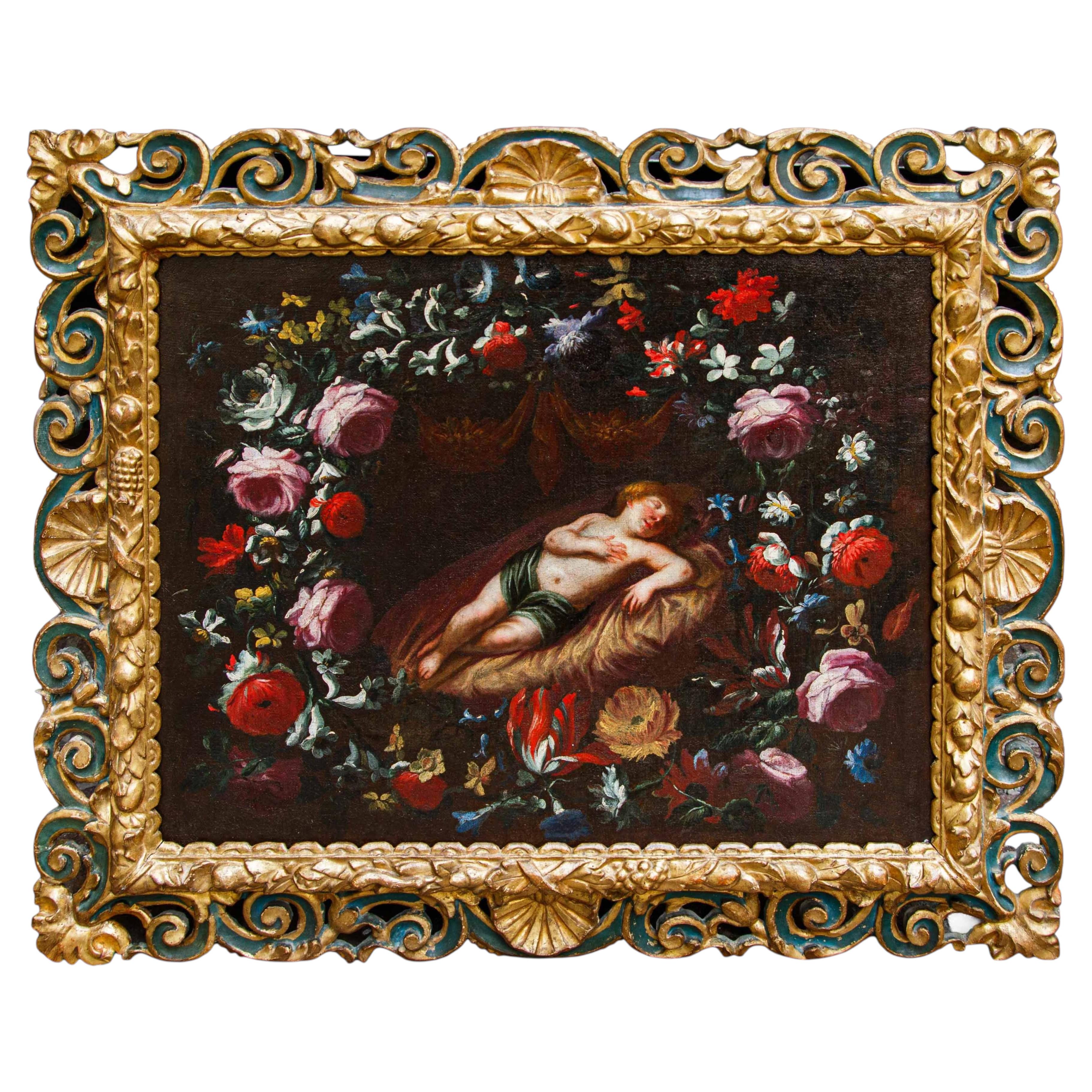 Pier Francesco Cittadini, attribué à lui, Guirlande de fleurs avec l'Enfant Jésus endormi en vente