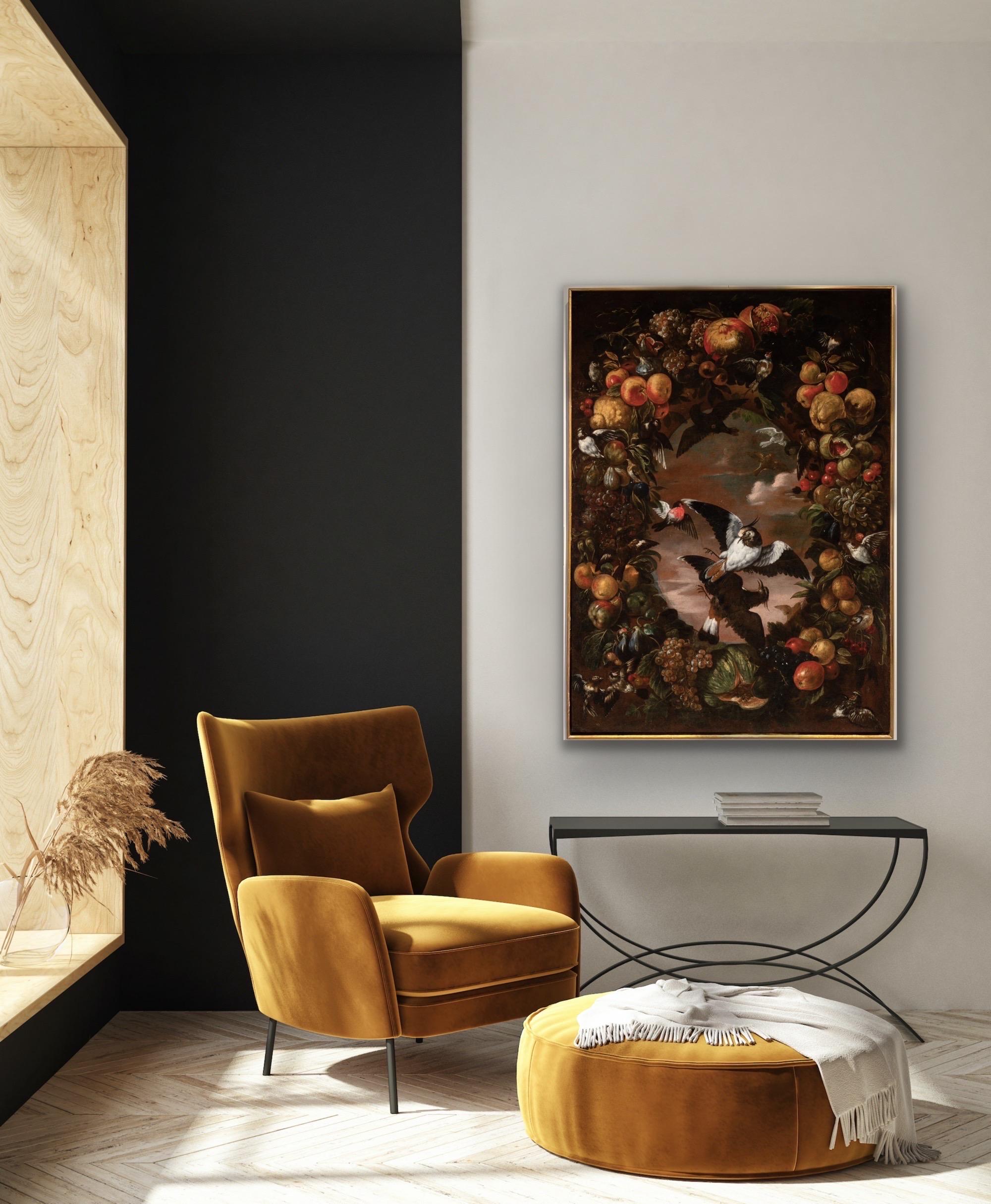 Birds of freedom in a fruit garland - Huge 17th century Oil - Royal Provenance 7