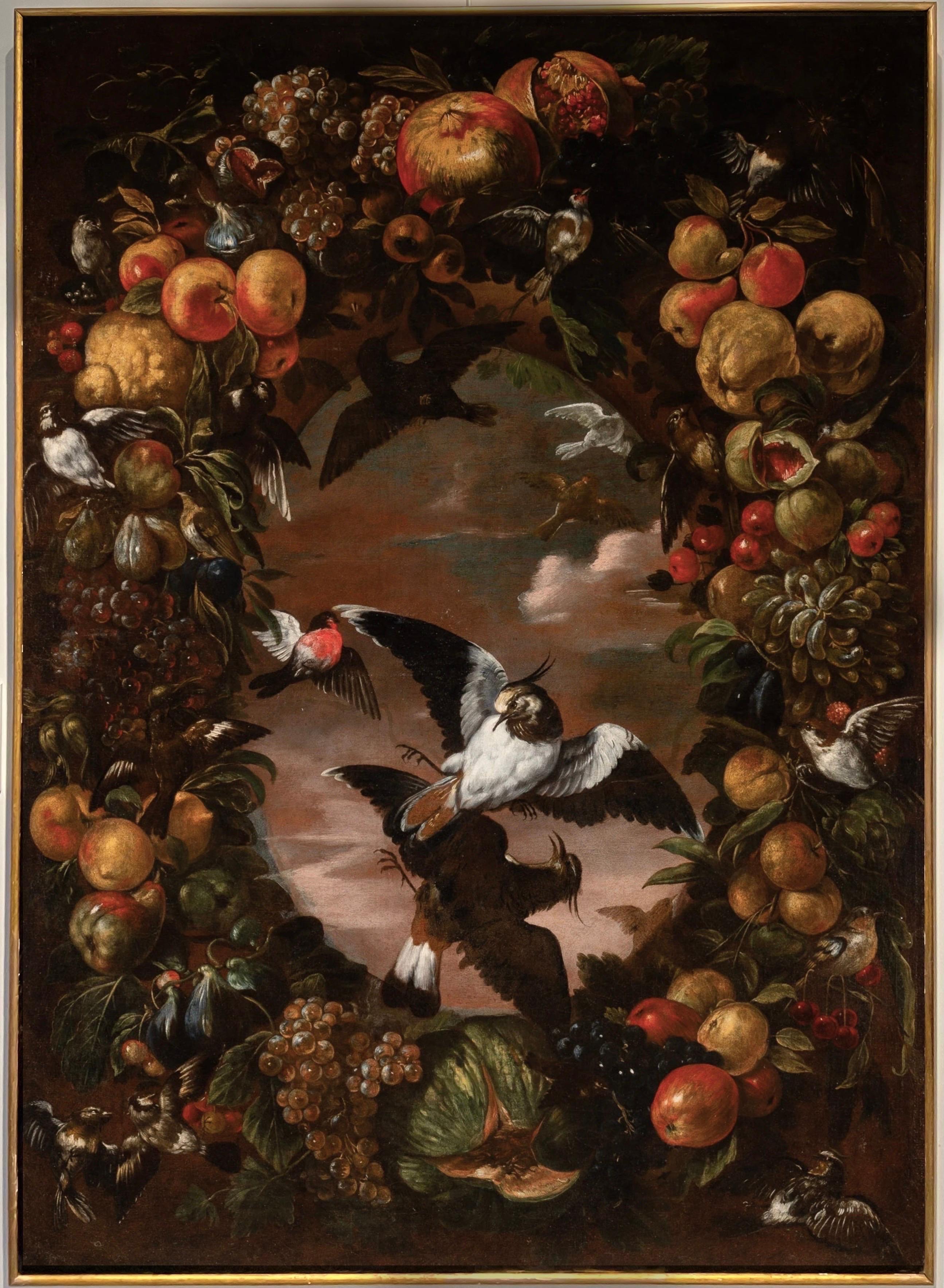 Birds of freedom in a fruit garland - Huge 17th century Oil - Royal Provenance - Old Masters Painting by Pier Francesco Cittadini