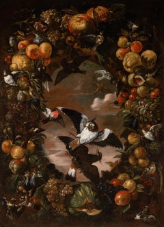 Birds of freedom in a fruit garland - Huge 17th century Oil - Royal Provenance