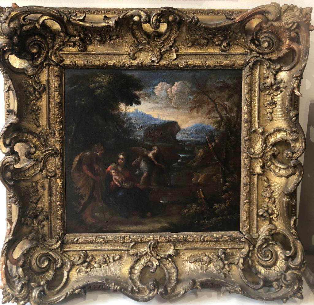 Dipinto a olio religioso di un antico maestro del XVII secolo - Riposo durante la fuga in Egitto - Painting di Pier Francesco Mola