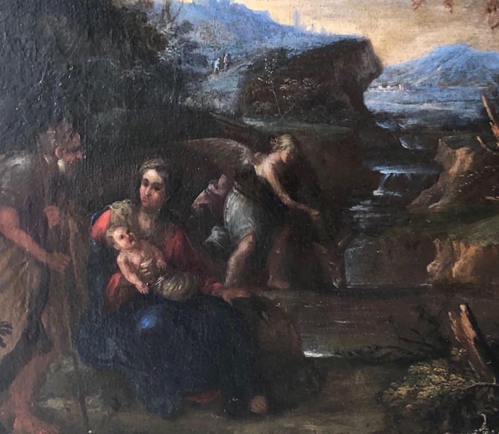 Religiöses Ölgemälde eines alten Meisters aus dem 17. Jahrhundert – Rest auf dem Flug nach Ägypten (Schwarz), Landscape Painting, von Pier Francesco Mola