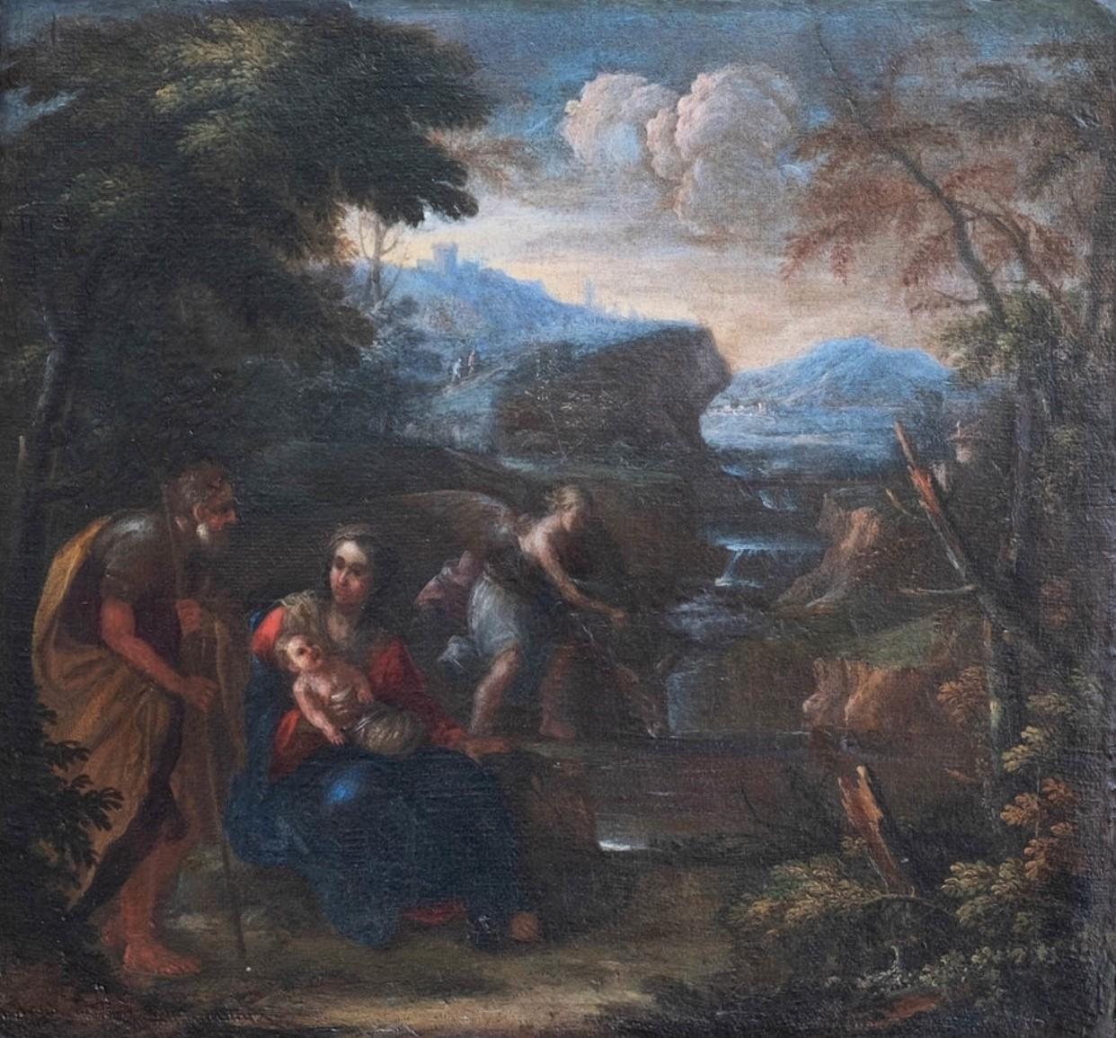17th Century Old Master Religious Oil painting - Rest on the Flight into Egypt - Baroque Painting by Pier Francesco Mola