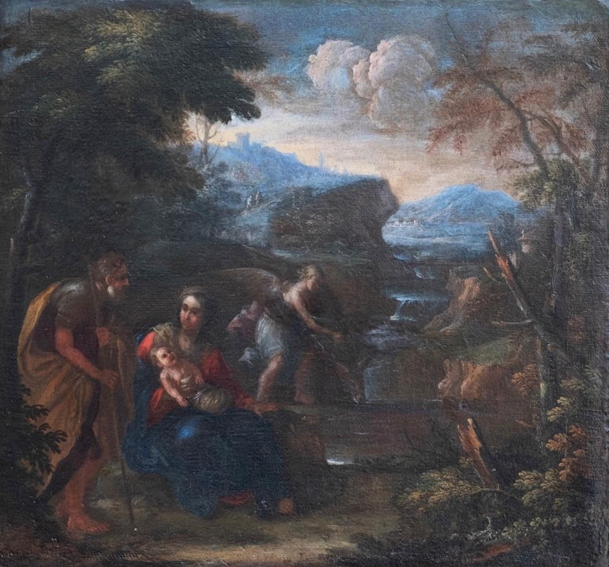Dipinto a olio religioso di un antico maestro del XVII secolo - Riposo durante la fuga in Egitto in vendita 1