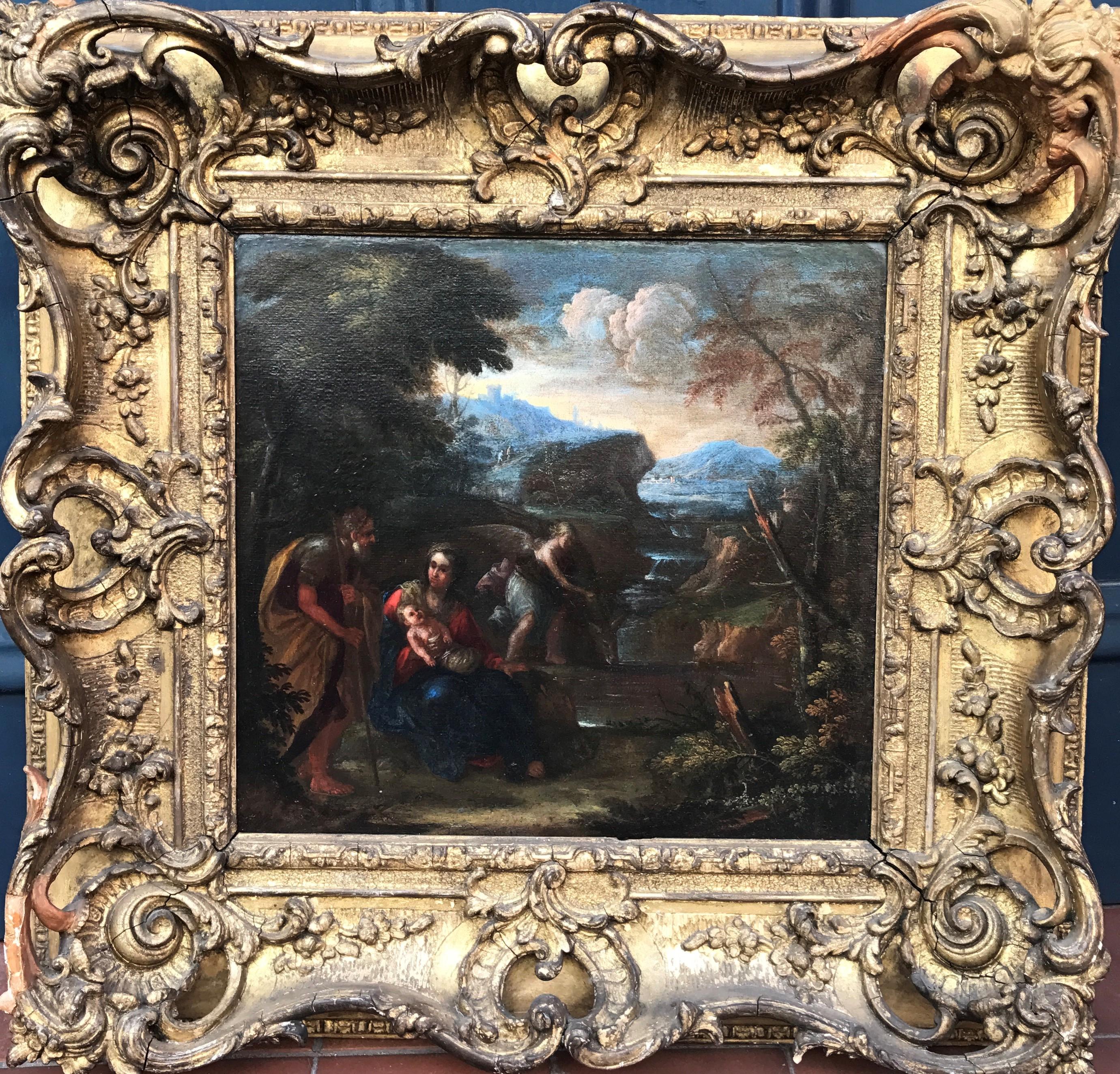 Landscape Painting di Pier Francesco Mola - Dipinto a olio religioso di un antico maestro del XVII secolo - Riposo durante la fuga in Egitto