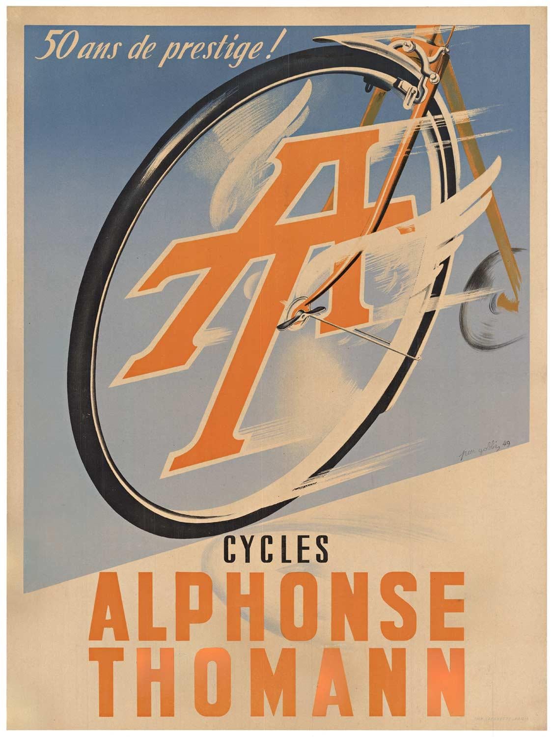 Affiche vintage « Cycles Alphonse Thomann » pour le 50e anniversaire de sa carrière  Lithographie de 1949