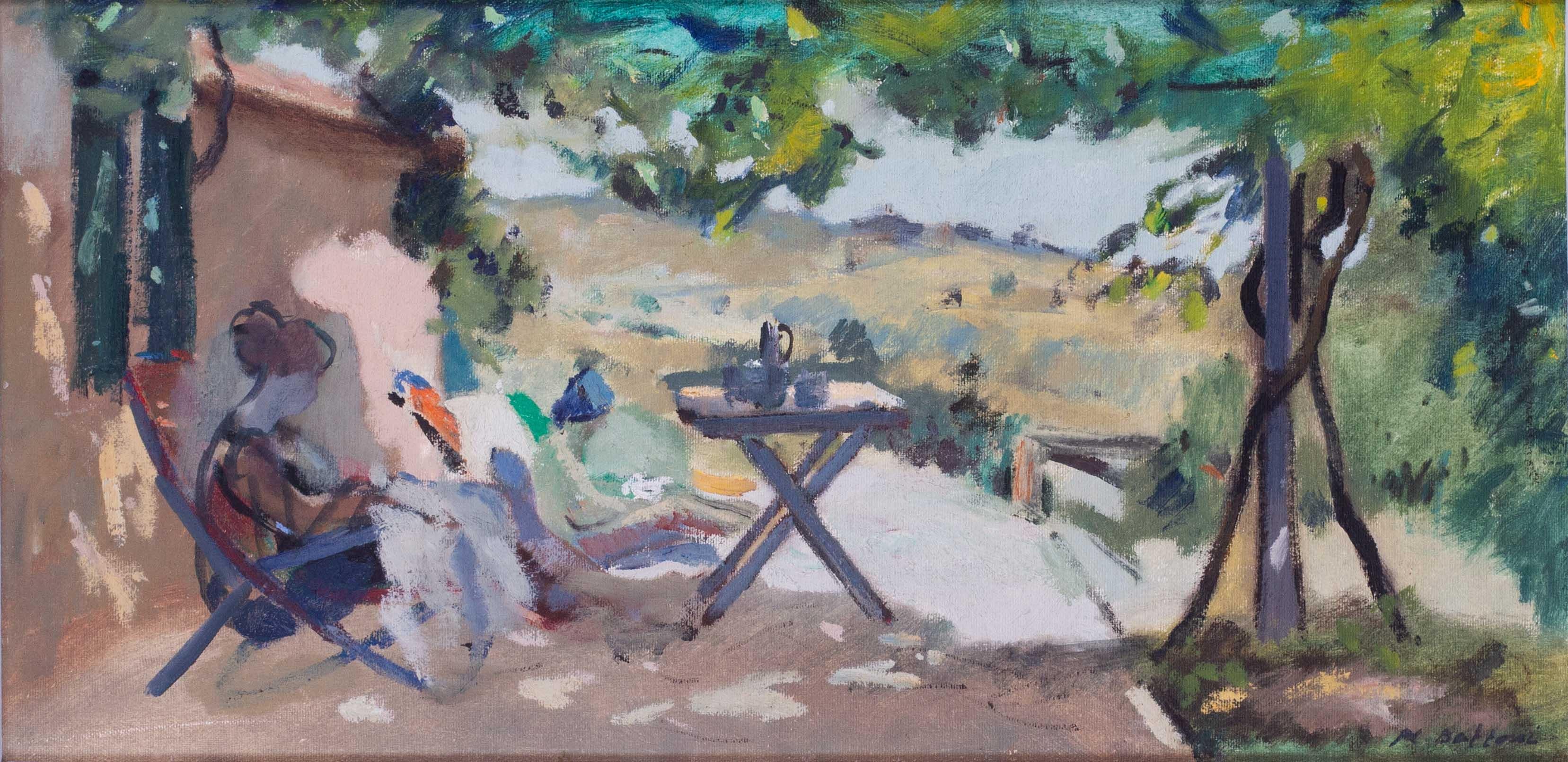 Italienisches Ölgemälde des 20. Jahrhunderts mit einer Figur unter einer Pergola in Todi, Italien – Painting von Pier Luigi Baffoni