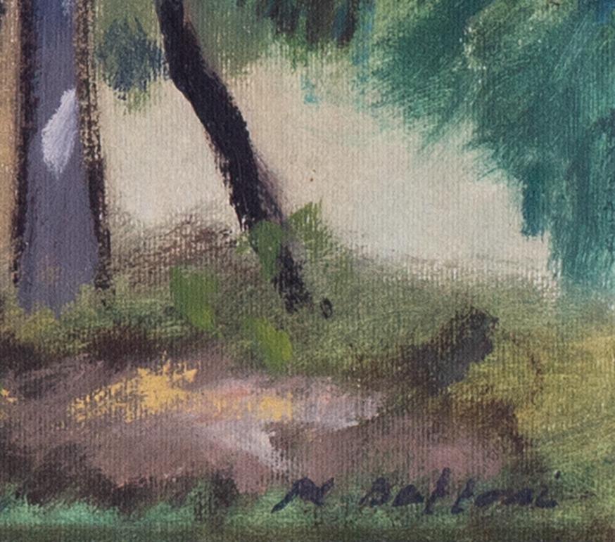 Italienisches Ölgemälde des 20. Jahrhunderts mit einer Figur unter einer Pergola in Todi, Italien (Moderne), Painting, von Pier Luigi Baffoni