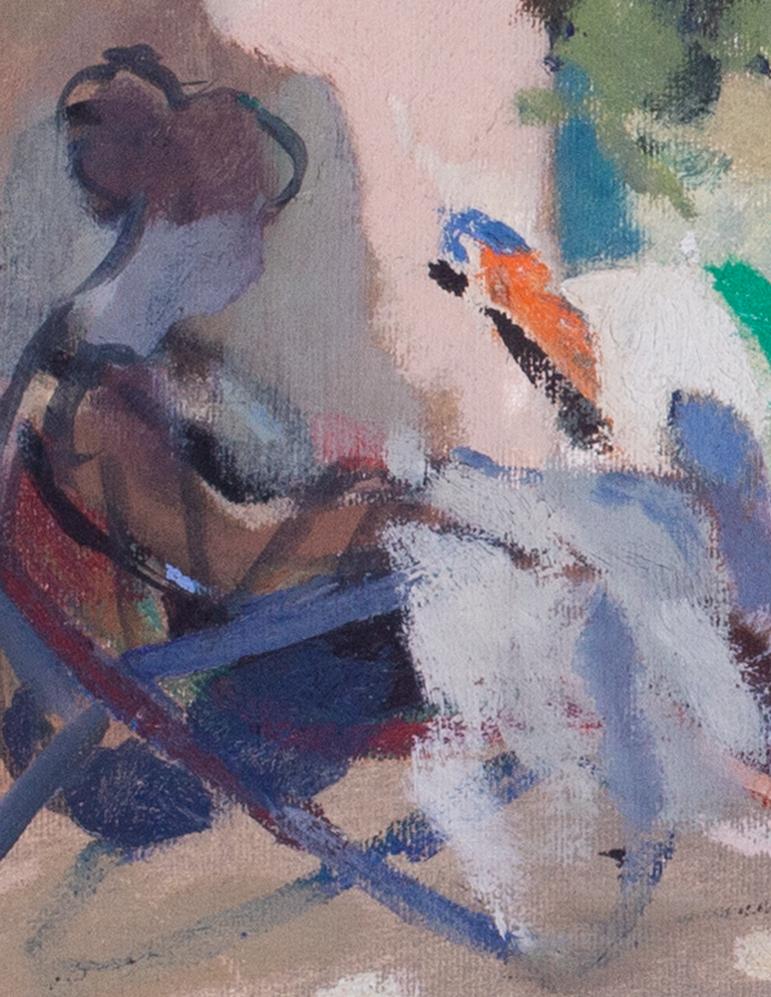 Italienisches Ölgemälde des 20. Jahrhunderts mit einer Figur unter einer Pergola in Todi, Italien (Grau), Figurative Painting, von Pier Luigi Baffoni