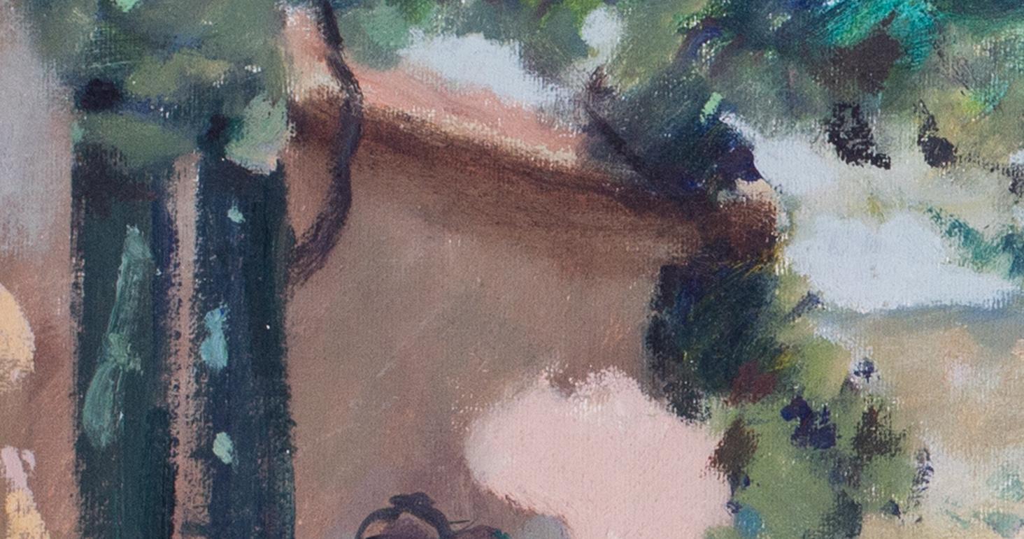 Italienisches Ölgemälde des 20. Jahrhunderts mit einer Figur unter einer Pergola in Todi, Italien im Angebot 1