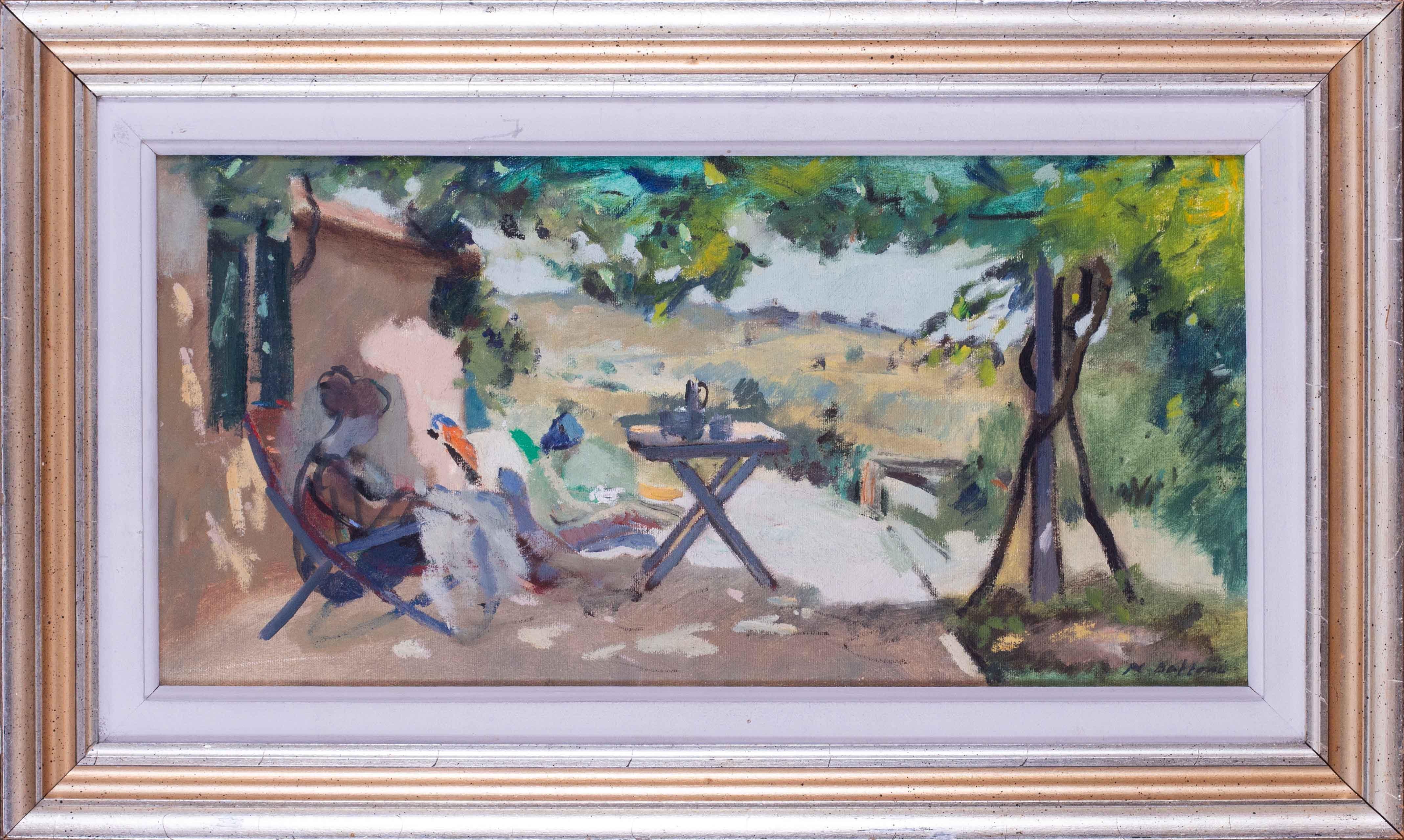 Italian, 20th Century oil painting of a figure under a pergola in Todi, Italy