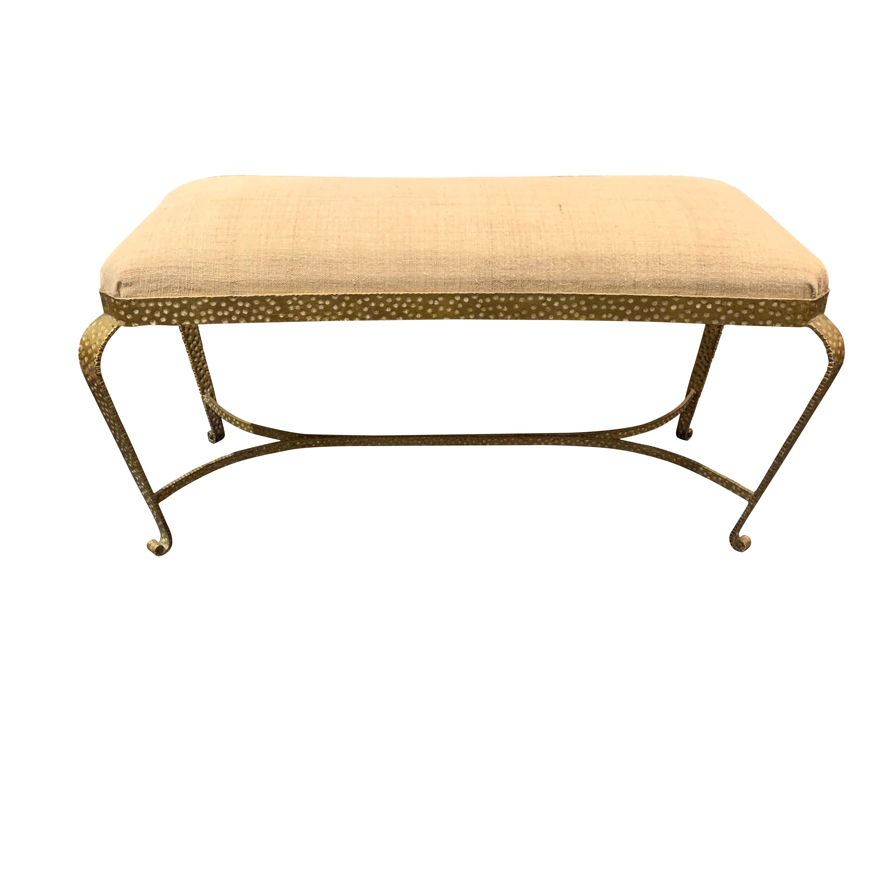 Midcentury Italian bench designed by Pier Luigi Colli
Signature gold wrought iron with dotted motif.
Newly reupholstered in vintage Belgian linen.