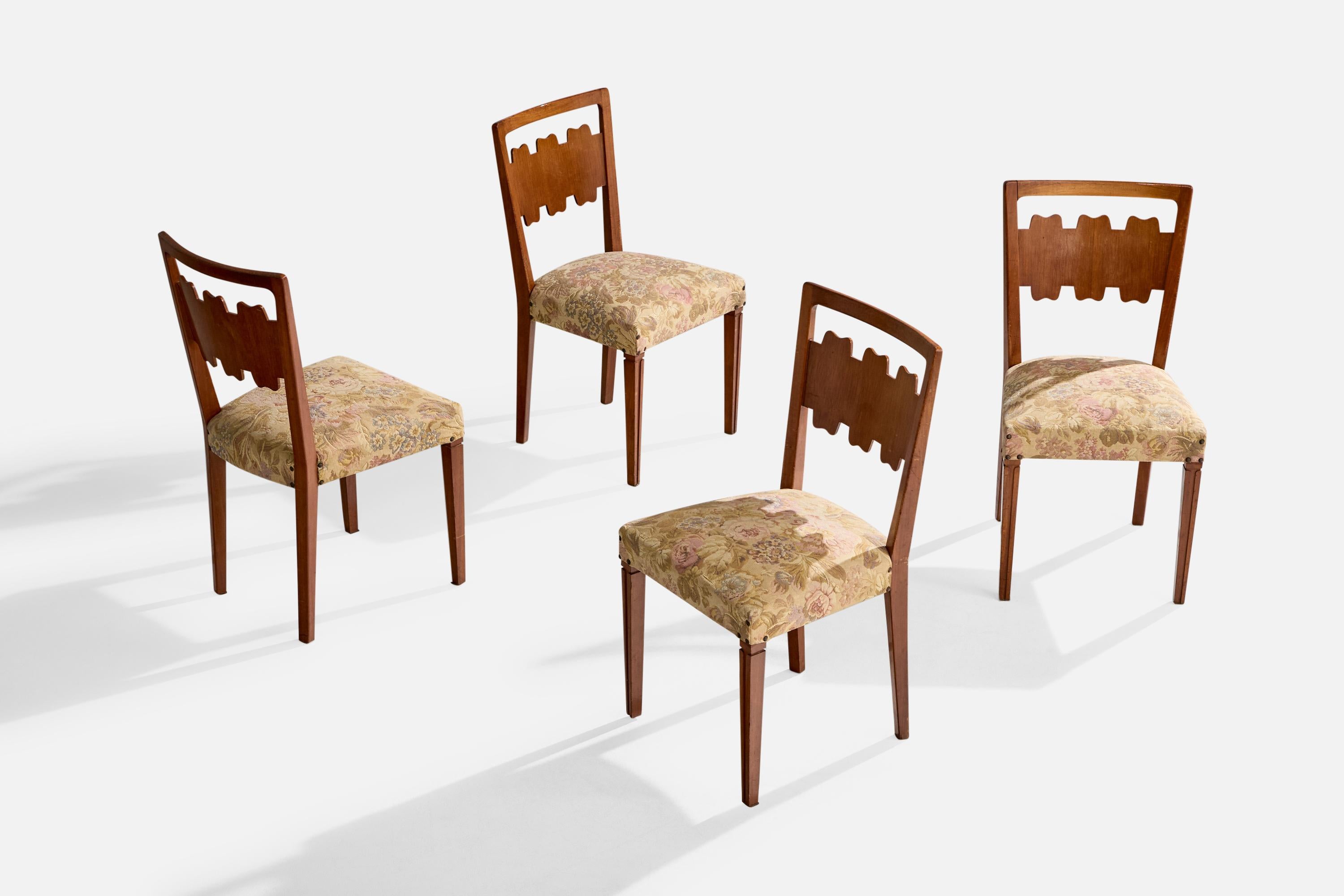 A set of four walnut and floral-printed fabric dining room or side chairs designed and produced by Pier Luigi Colli, Italy, c. 1950s.

Overall Dimensions (inches): 3475.0