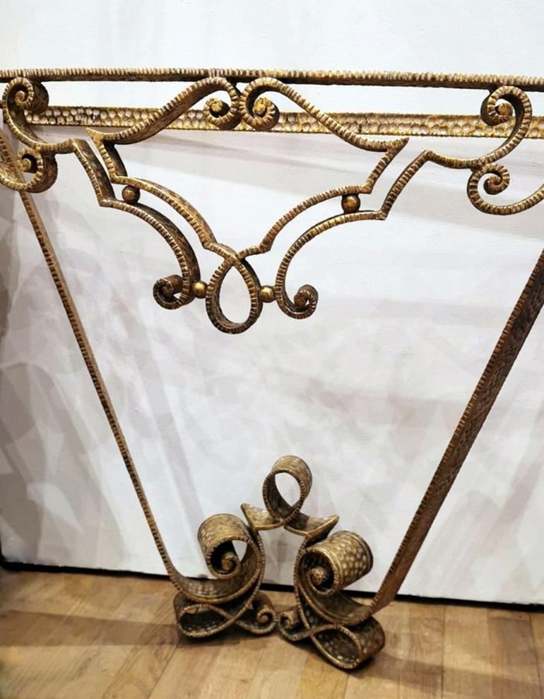 Hand-Carved Pier Luigi Colli Gilded Wrought Iron and Crystal Console Table