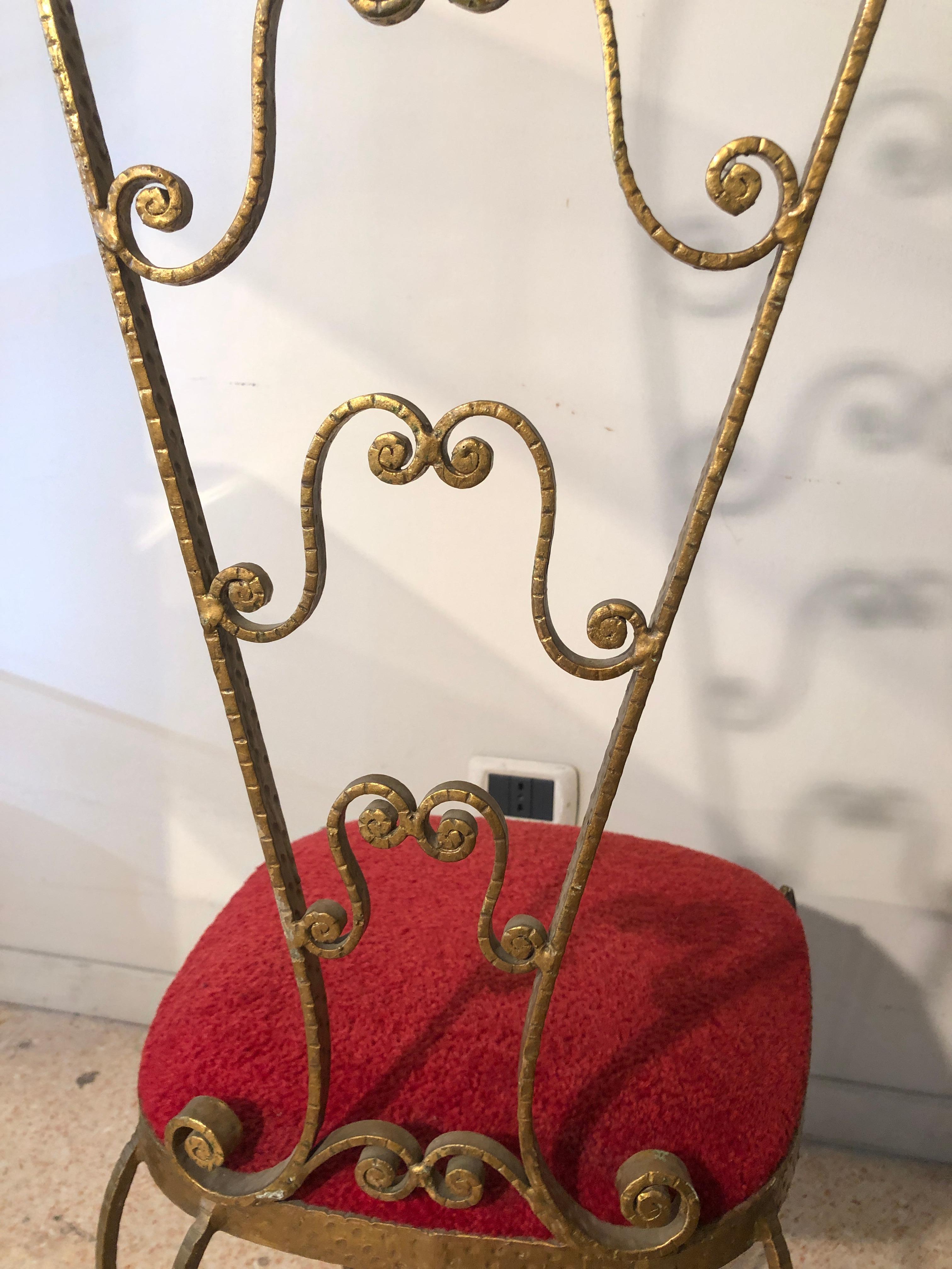 Pier Luigi Colli Golden Wrought Iron Red Velvet Pair of Chairs, Italy, 1950s 5