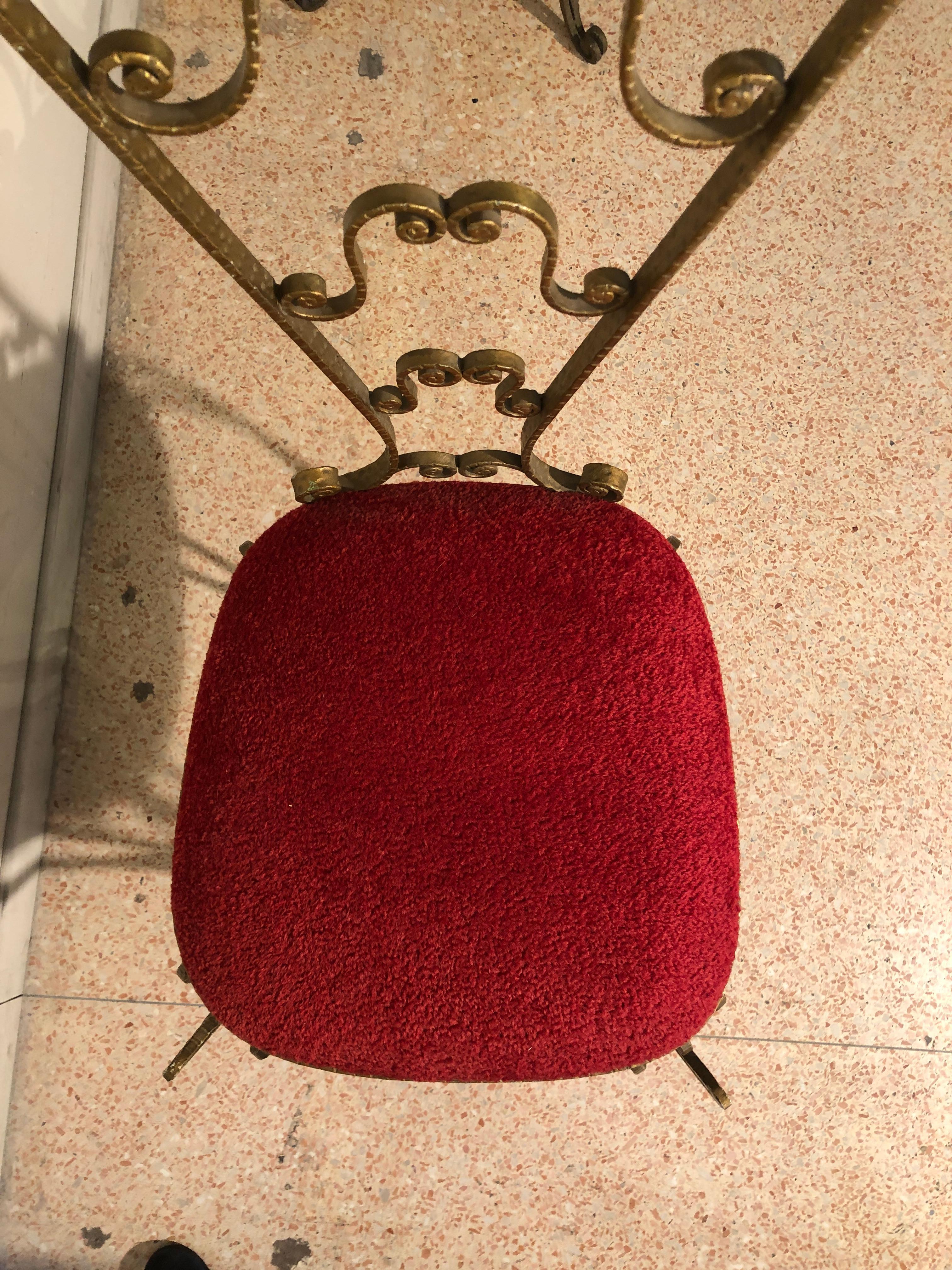 Pier Luigi Colli Golden Wrought Iron Red Velvet Pair of Chairs, Italy, 1950s 9