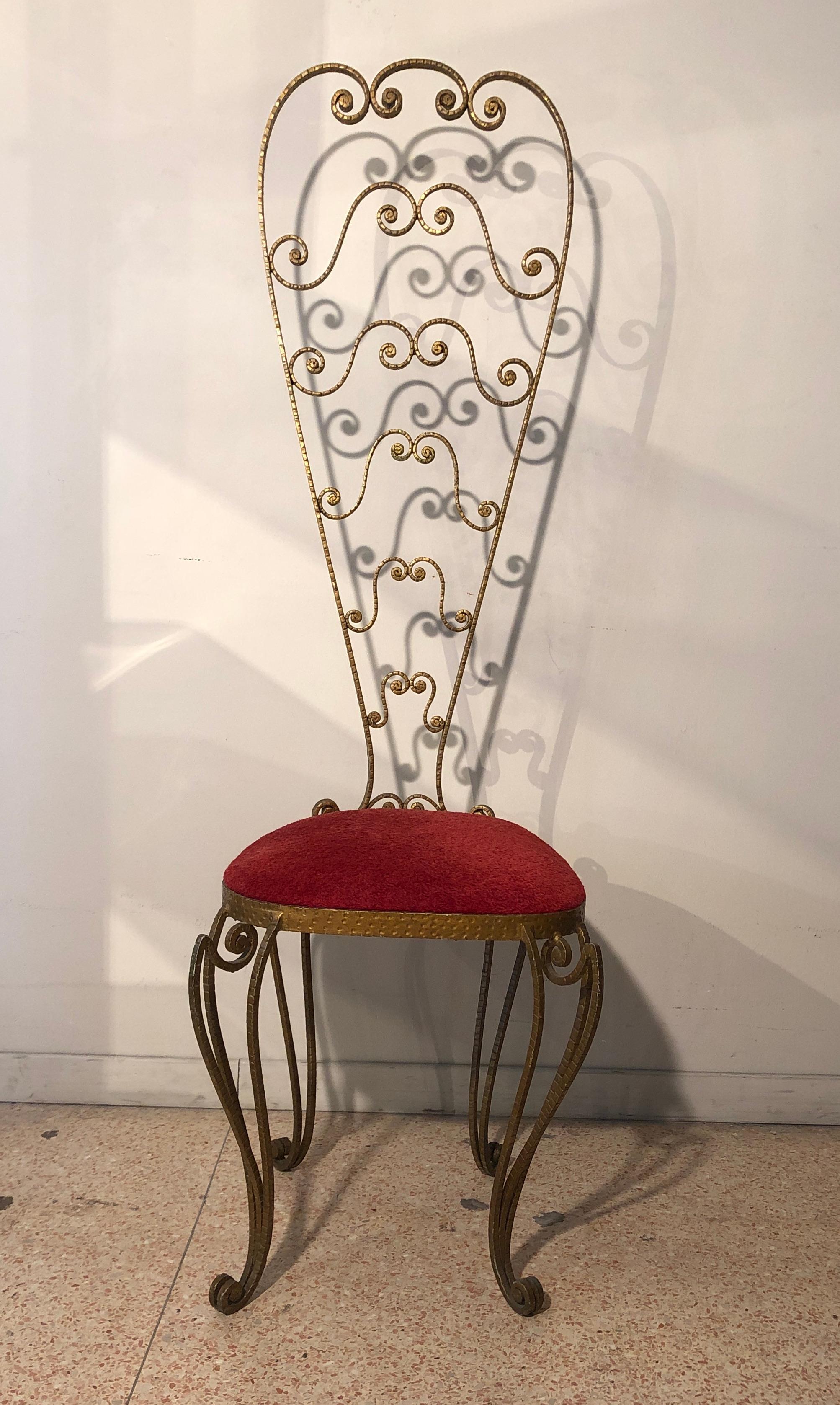 Mid-Century Modern Pier Luigi Colli Golden Wrought Iron Red Velvet Pair of Chairs, Italy, 1950s