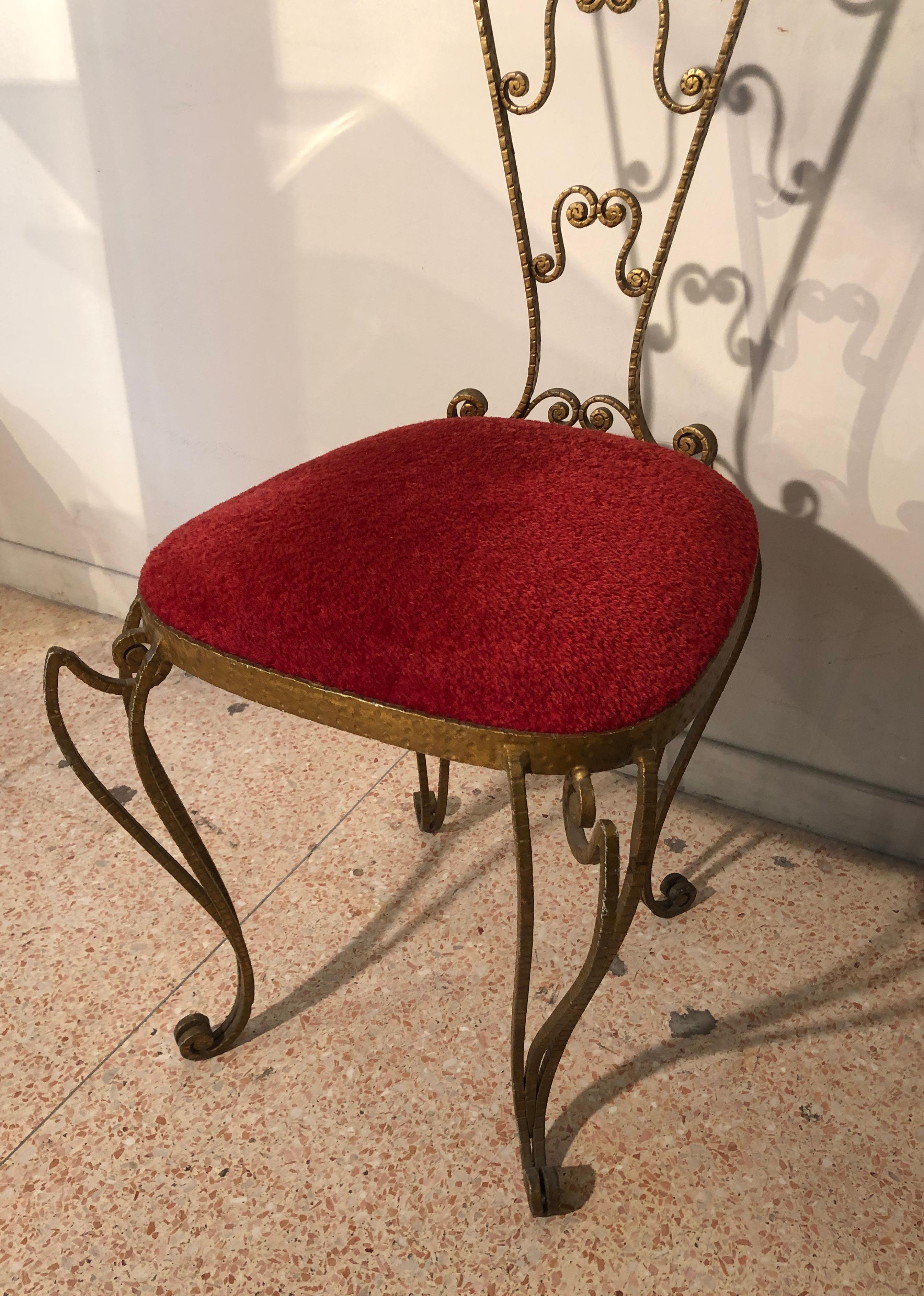 Italian Pier Luigi Colli Golden Wrought Iron Red Velvet Pair of Chairs, Italy, 1950s