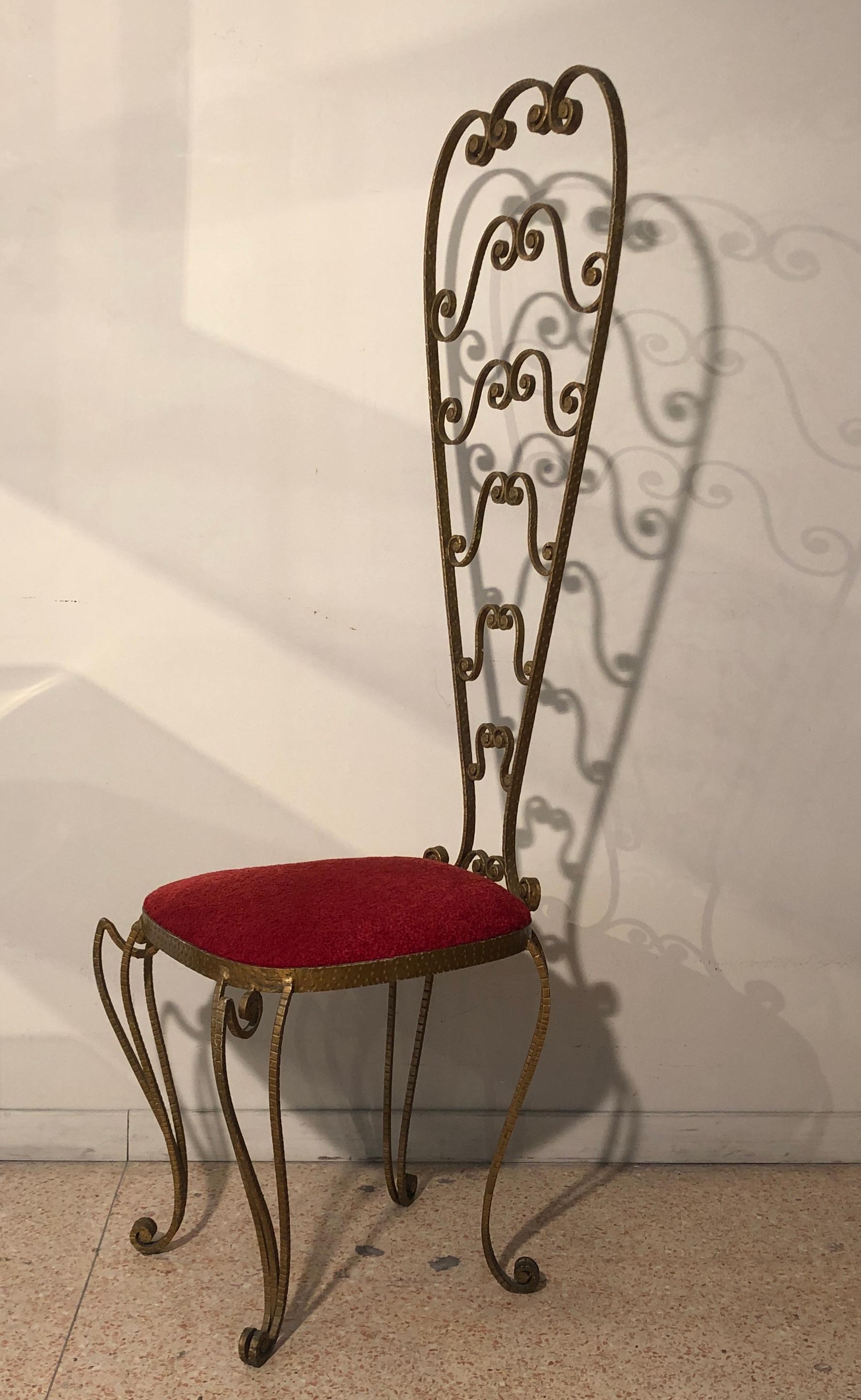 Pier Luigi Colli Golden Wrought Iron Red Velvet Pair of Chairs, Italy, 1950s 1