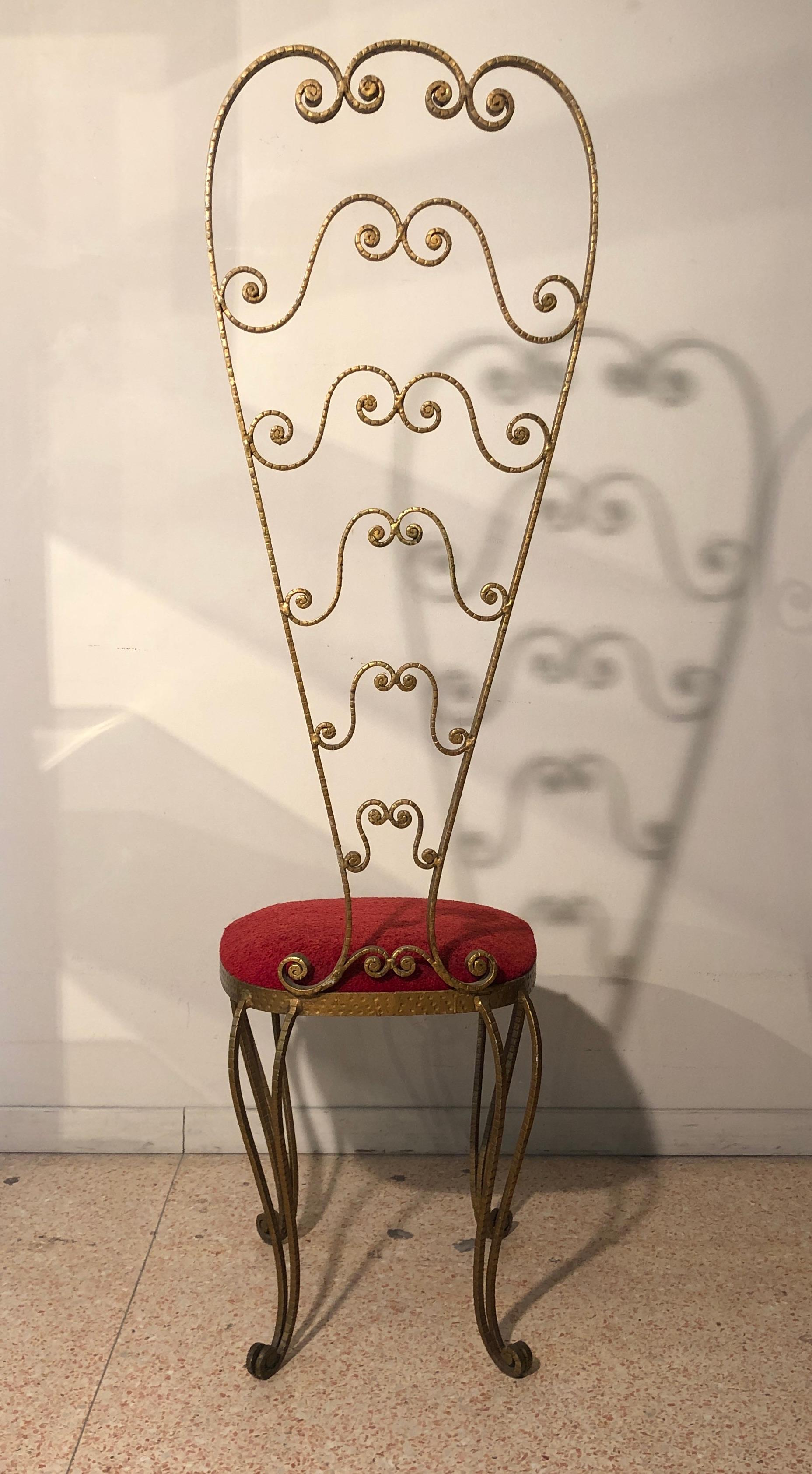 Pier Luigi Colli Golden Wrought Iron Red Velvet Pair of Chairs, Italy, 1950s 3