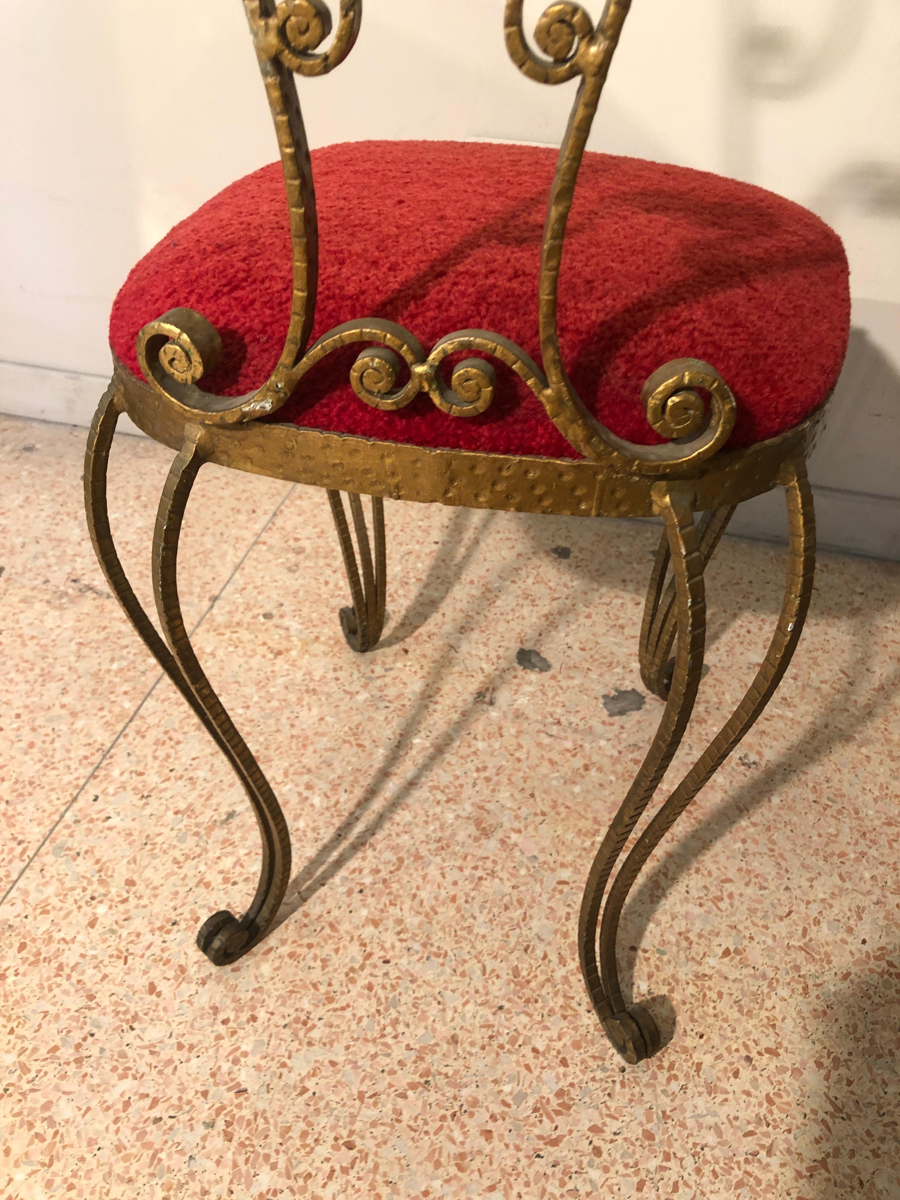 Pier Luigi Colli Golden Wrought Iron Red Velvet Pair of Chairs, Italy, 1950s 4