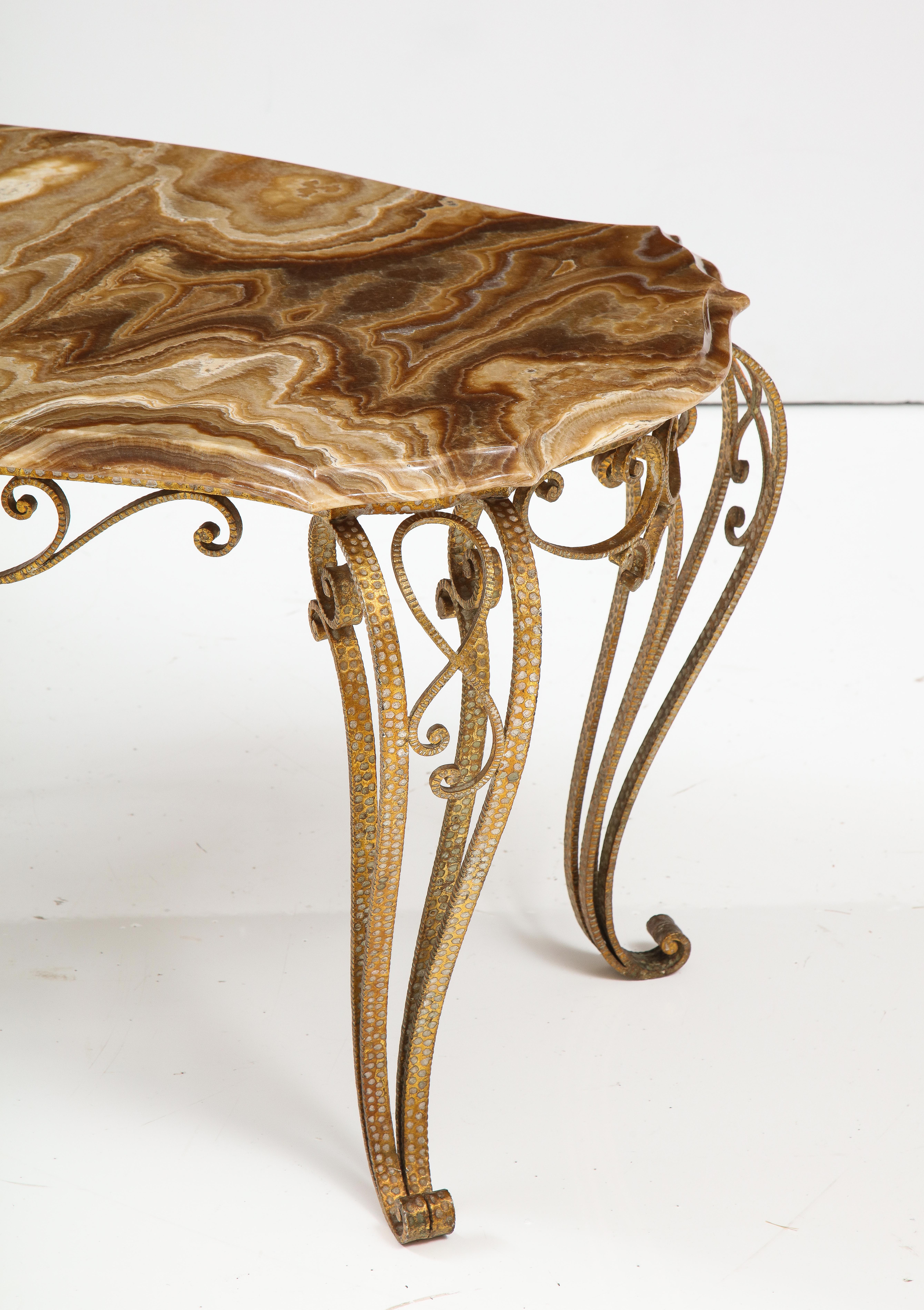Italian Pier Luigi Colli Hammered Gilded Iron Coffee Table with Shaped Agate Top For Sale