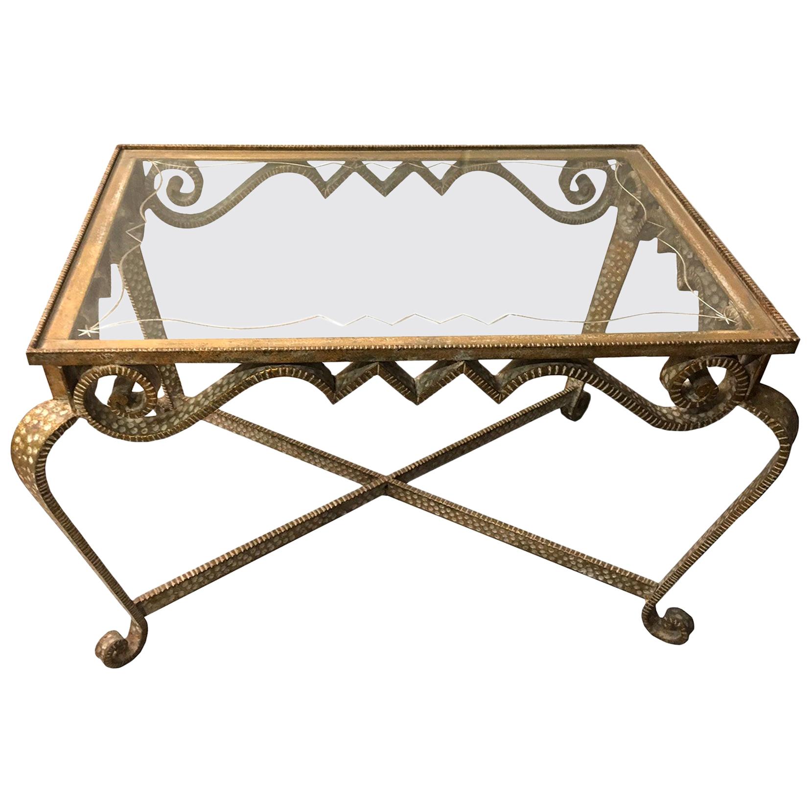 Pier Luigi Colli, Hand-Hammered Gilt Iron and Glass Low Table, Italy, 1950