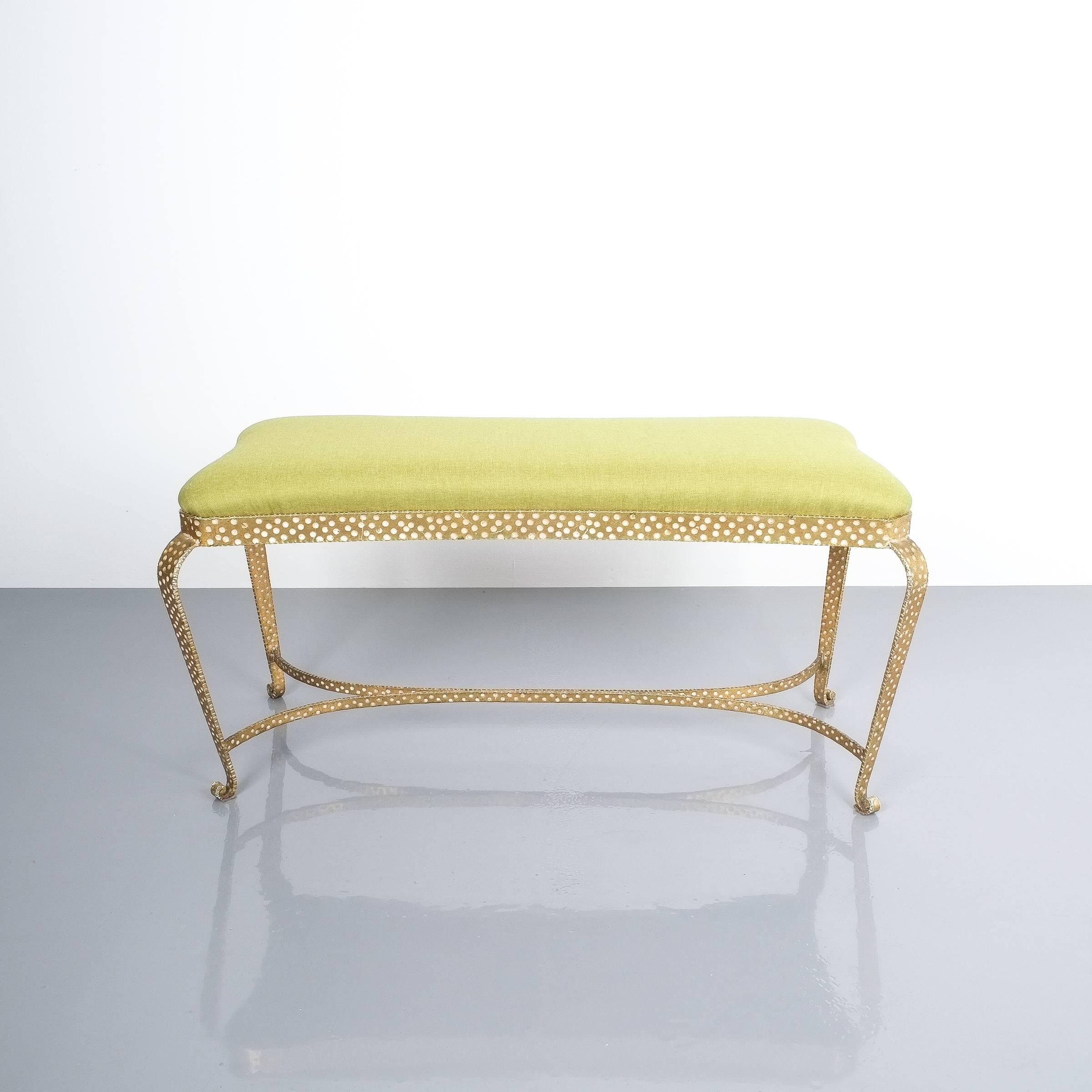 Large Gold Pier Luigi Colli Iron Bedroom Bench in Blue Fabric, Italy, 1950 3