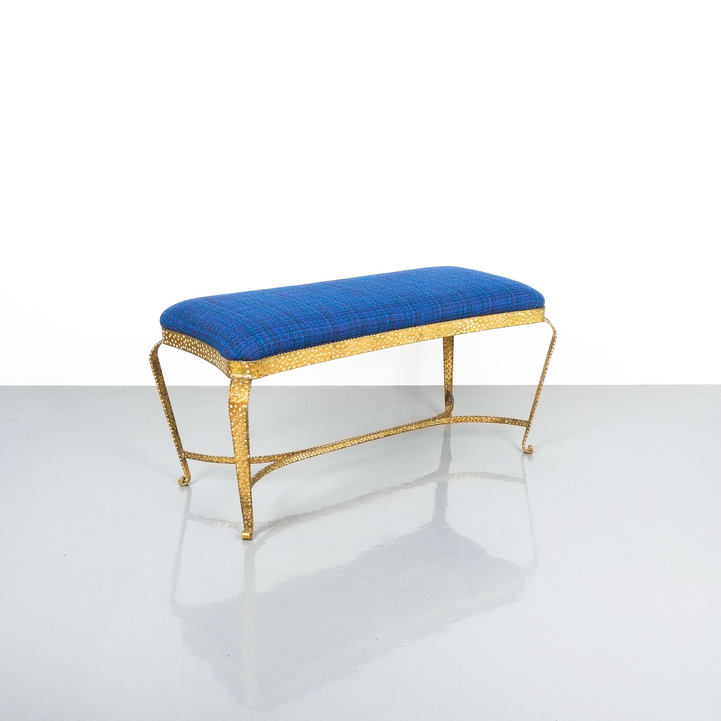 Pier Luigi Colli gold iron bedroom bench blue fabric, Italy, 1950. Large 34