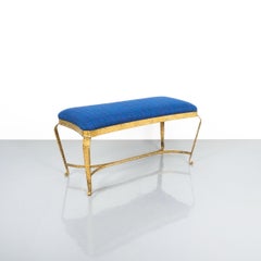 Large Gold Pier Luigi Colli Iron Bedroom Bench in Blue Fabric, Italy, 1950