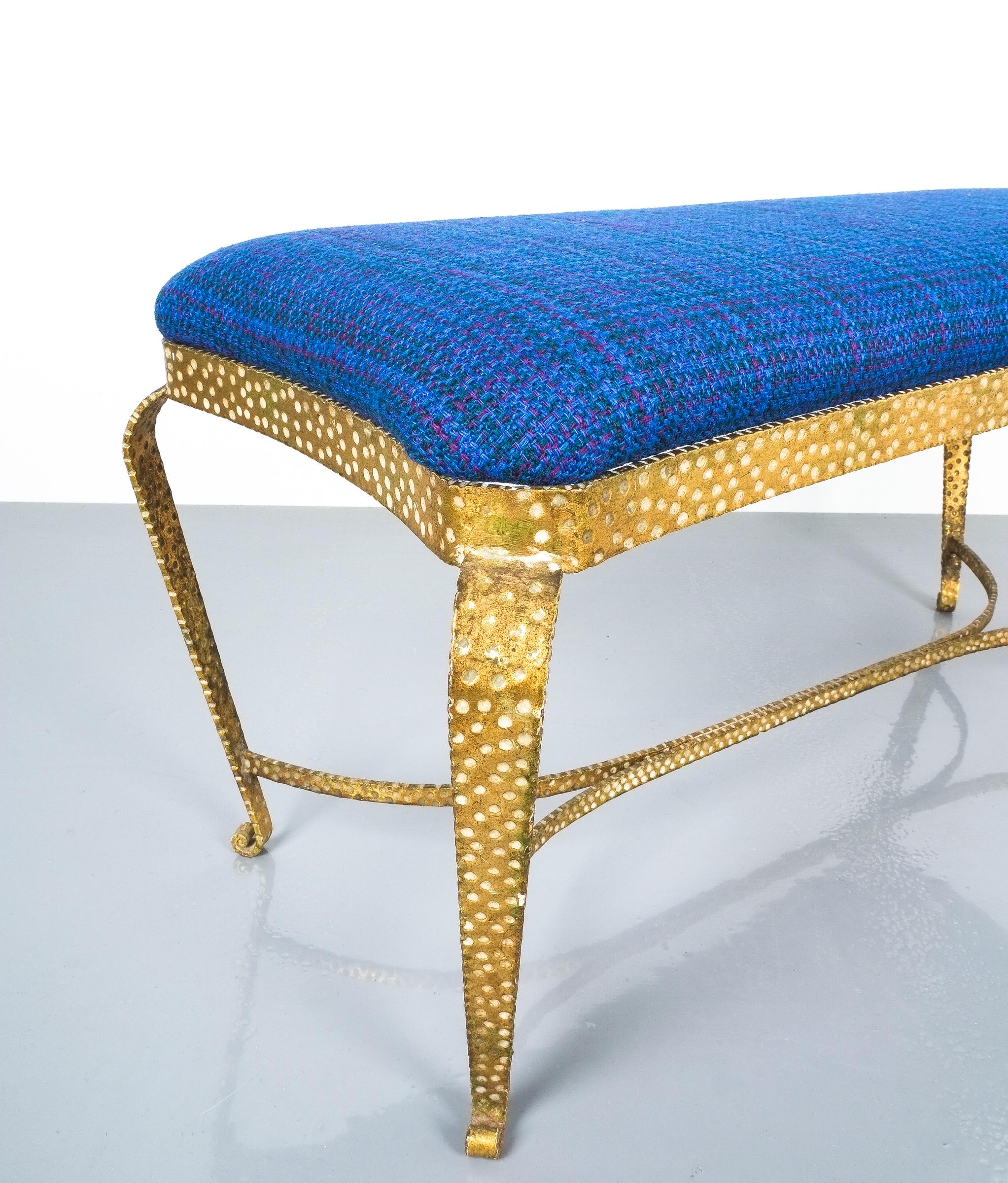 Large Gold Pier Luigi Colli Iron Bedroom Bench in Blue Fabric, Italy, 1950 1