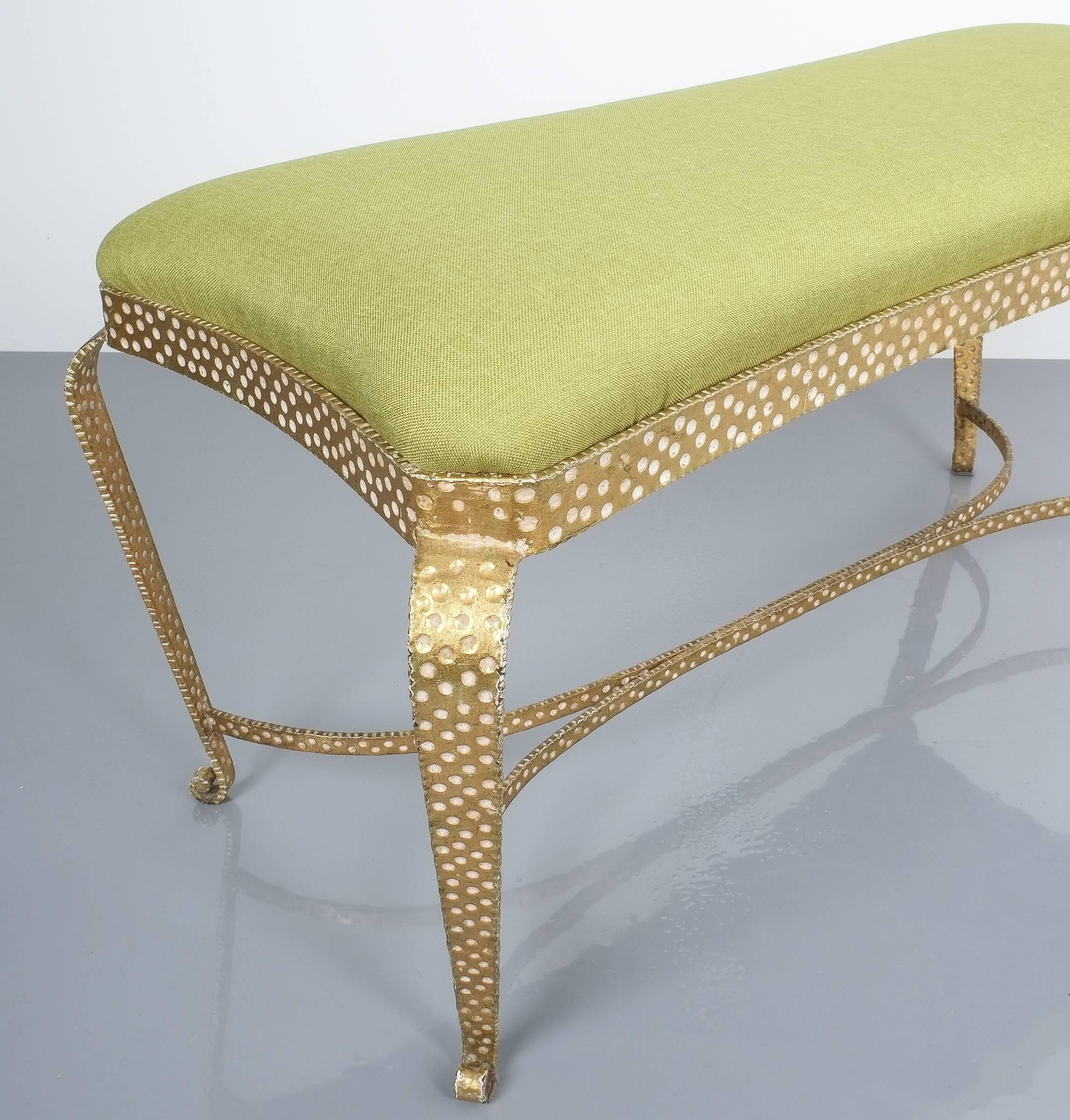 Large Gold Pier Luigi Colli Iron Bedroom Bench in Blue Fabric, Italy, 1950 2