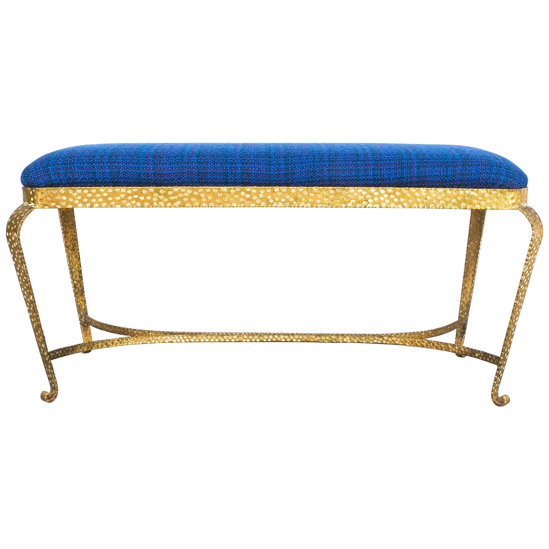 Large Gold Pier Luigi Colli Iron Bedroom Bench in Blue Fabric, Italy, 1950