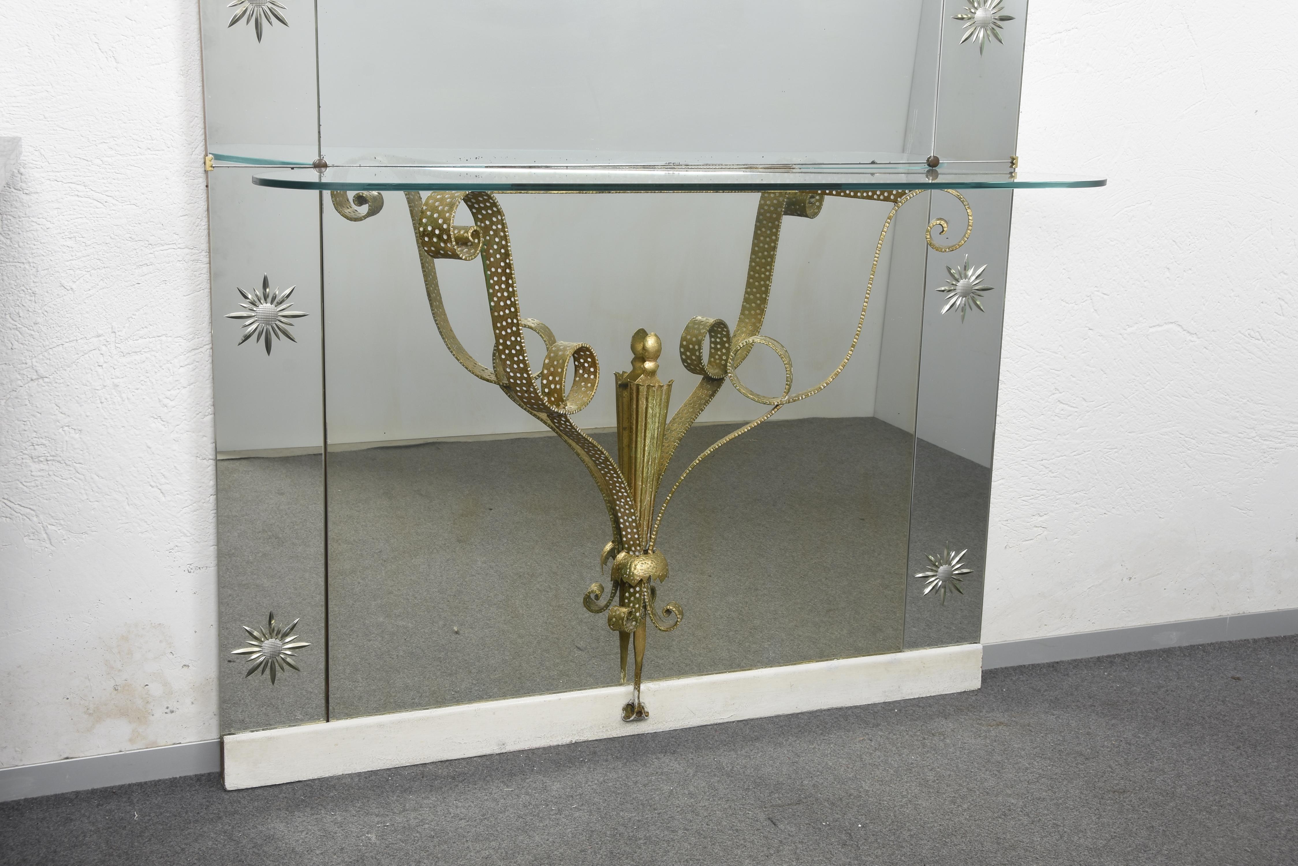 Gilt Pier Luigi Colli Mid-Century Modern Italian Mirror with Console for Cristal Art  For Sale