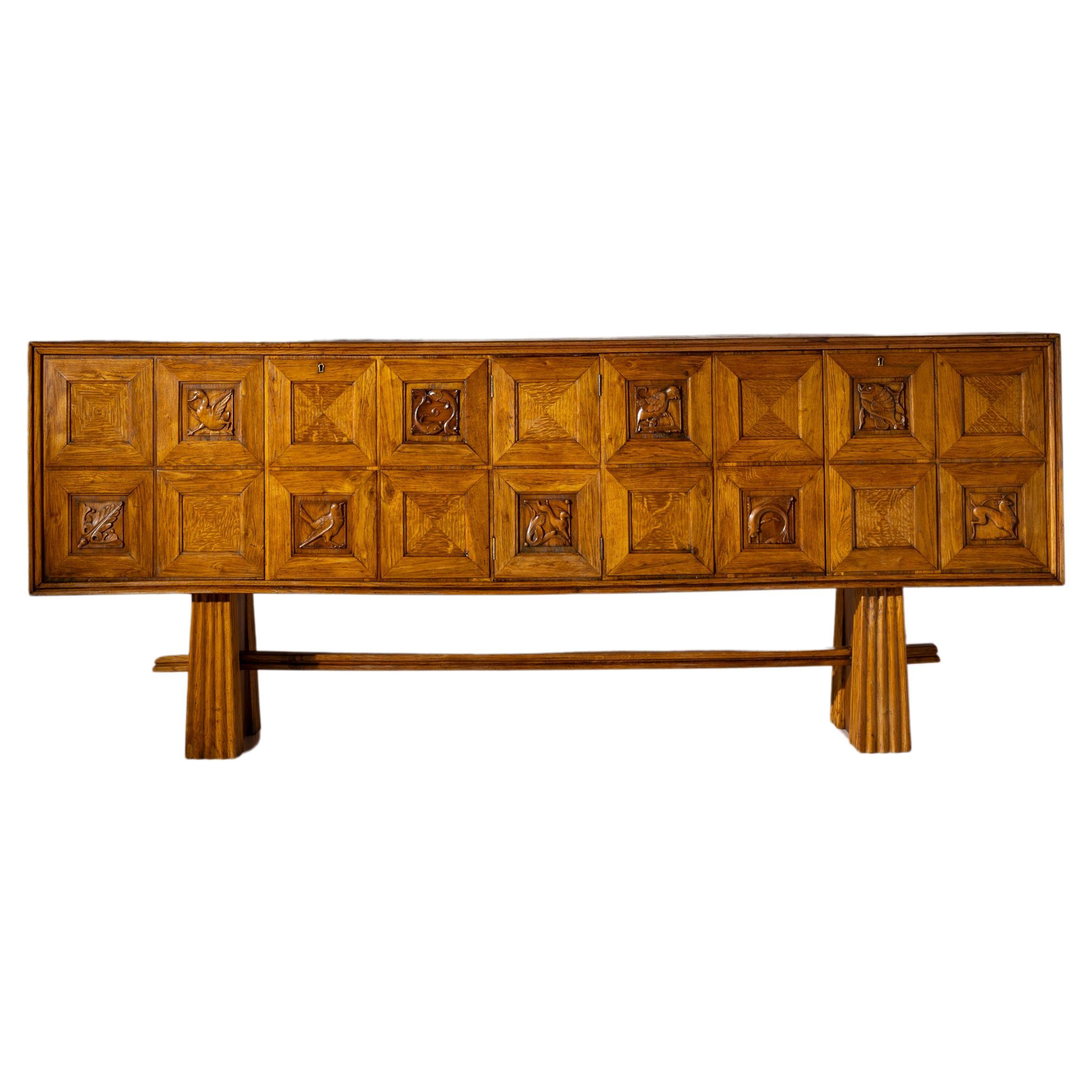 Pier Luigi Colli Oak wood sideboard with carved walnut inlays, Italy, 1940s