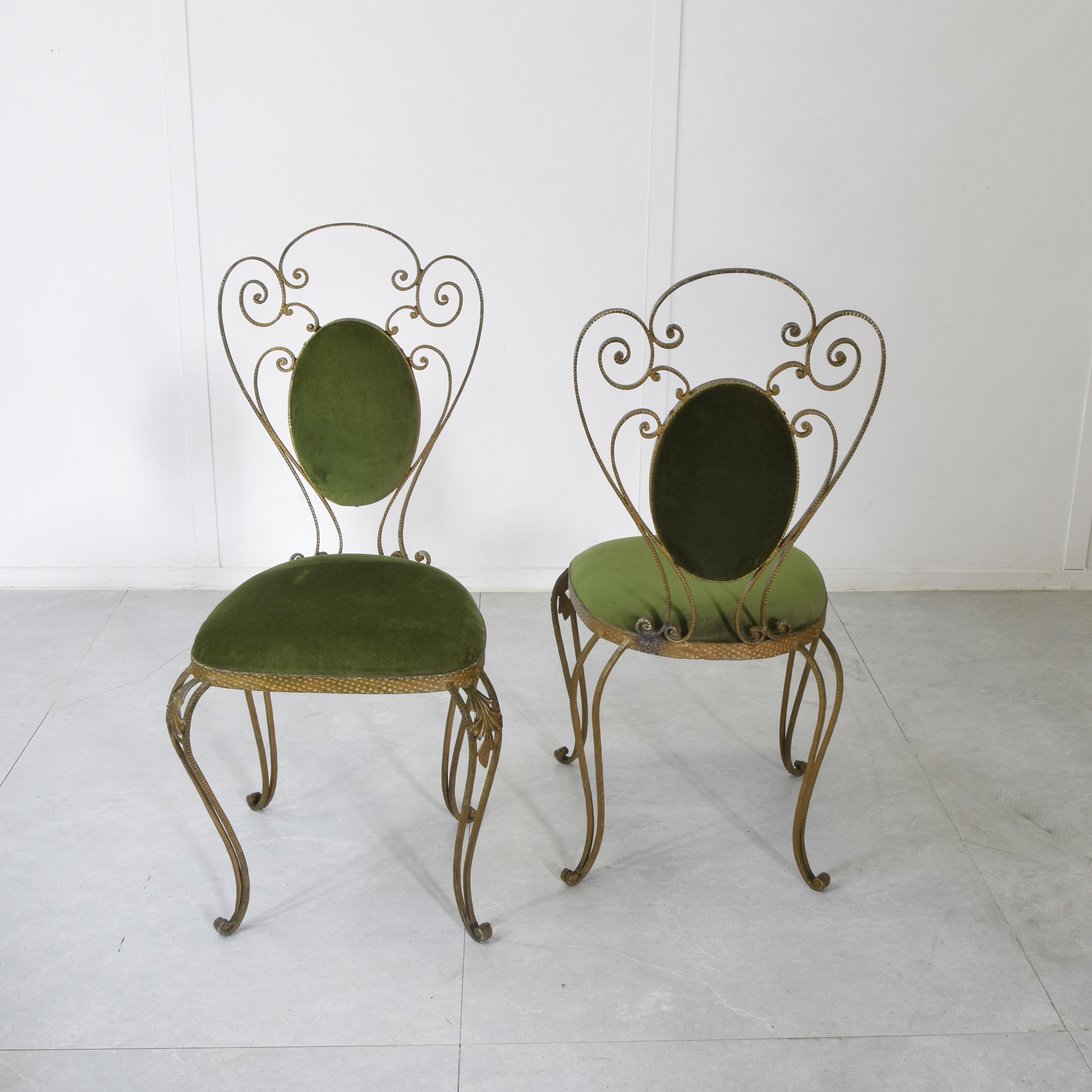 Pier Luigi Colli set de deux chaises en fer forgé et velours 1950s Bon état - En vente à bari, IT