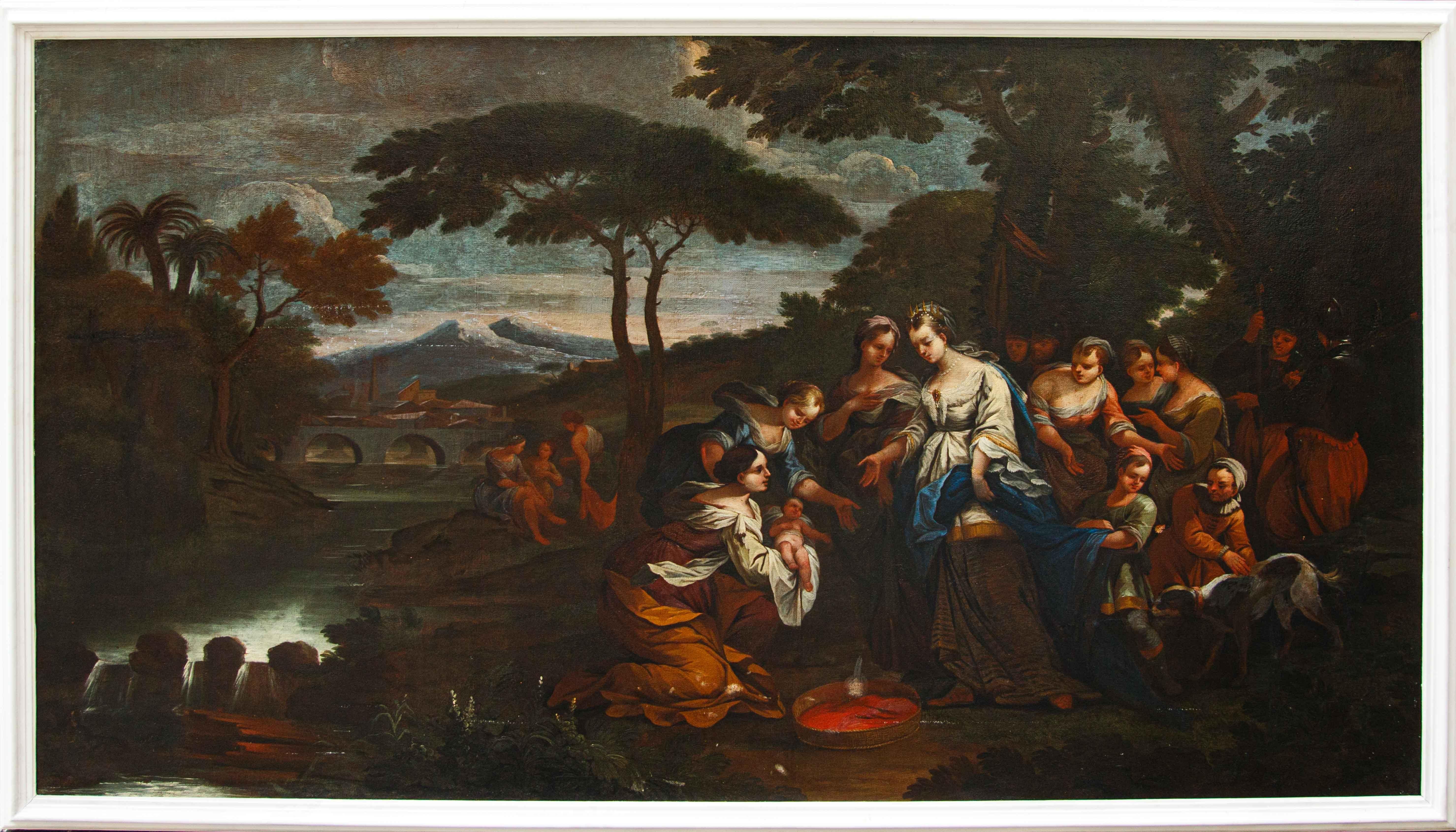 Pietro Dandini (Firenze, 12 aprile 1646 – 26 novembre 1712), attr.

Il ritrovamento di Mosè

Olio su tela, cm 105 x 206

Con cornice, cm 116 x 219

Nato, così come riporta l’erudito Baldinucci, nel 1646 a Firenze nell’ambito di una famiglia di