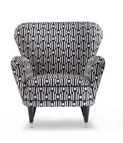 PIERA Black & White Armchair In Solid Wood and Covered With Geometric Fabric