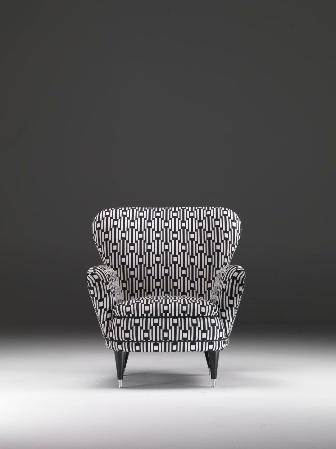 Lacquered PIERA Black & White Armchair In Solid Wood and Covered With Geometric Fabric For Sale