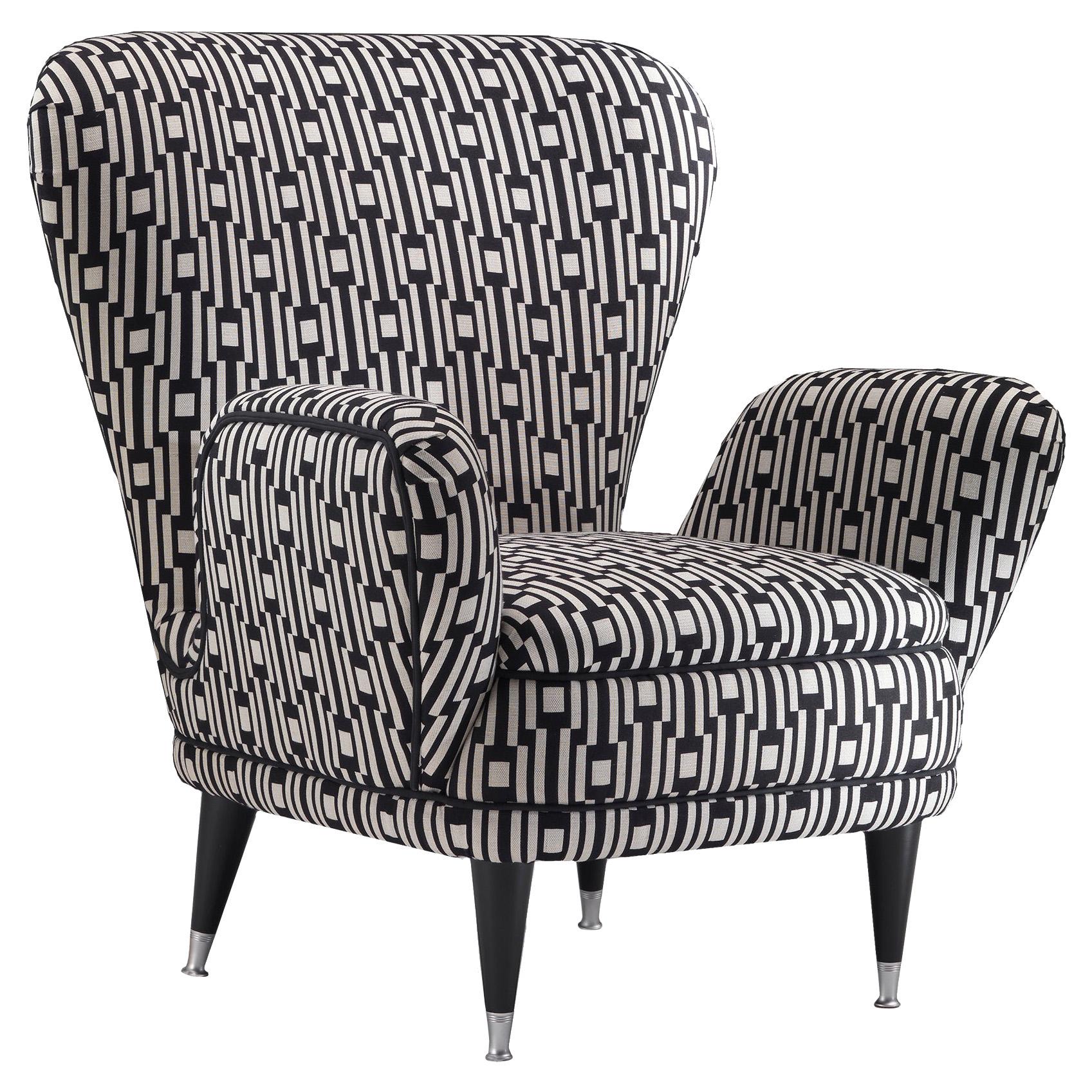 PIERA Schwarz-Weißer Sessel aus Massivholz, bezogen mit geometrischem Stoff