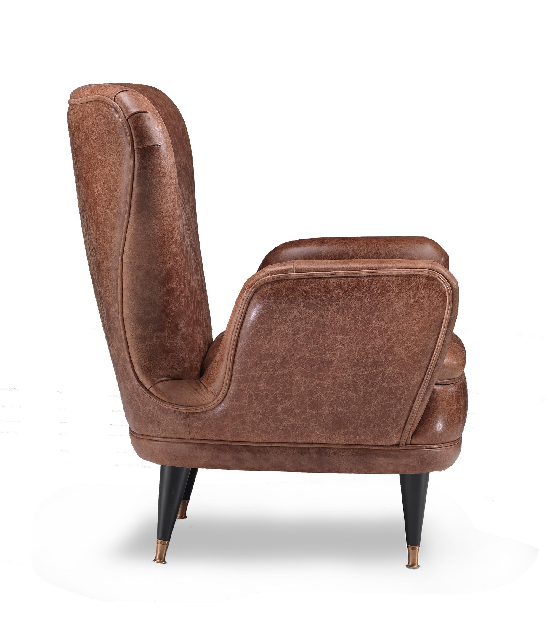 Italian PIERA Armchair with Brown Leather in Solid Walnut with Brass Tips  For Sale